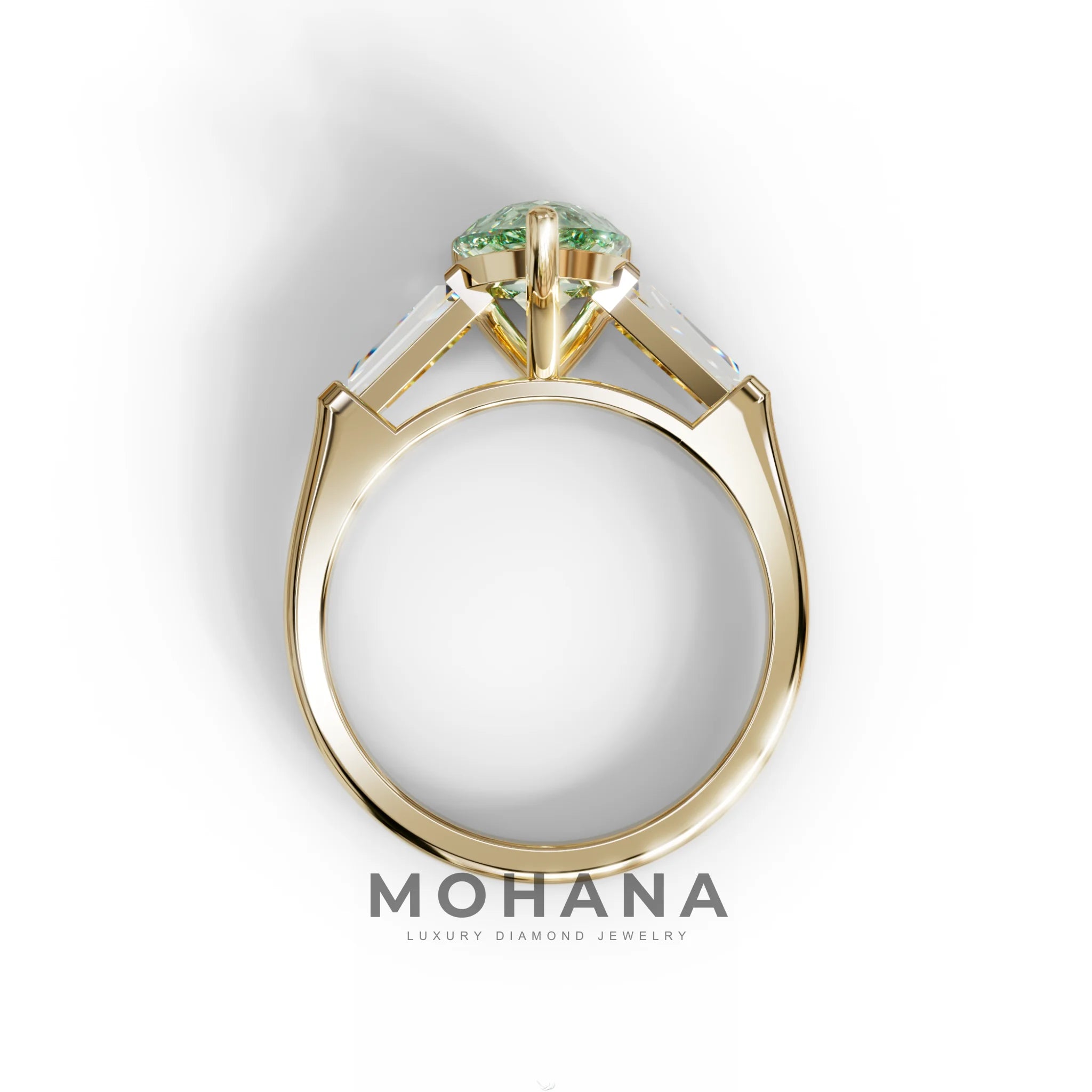 3 Carat Pear Cut Green Lab Diamond Ring 3 Stone Design - Bella