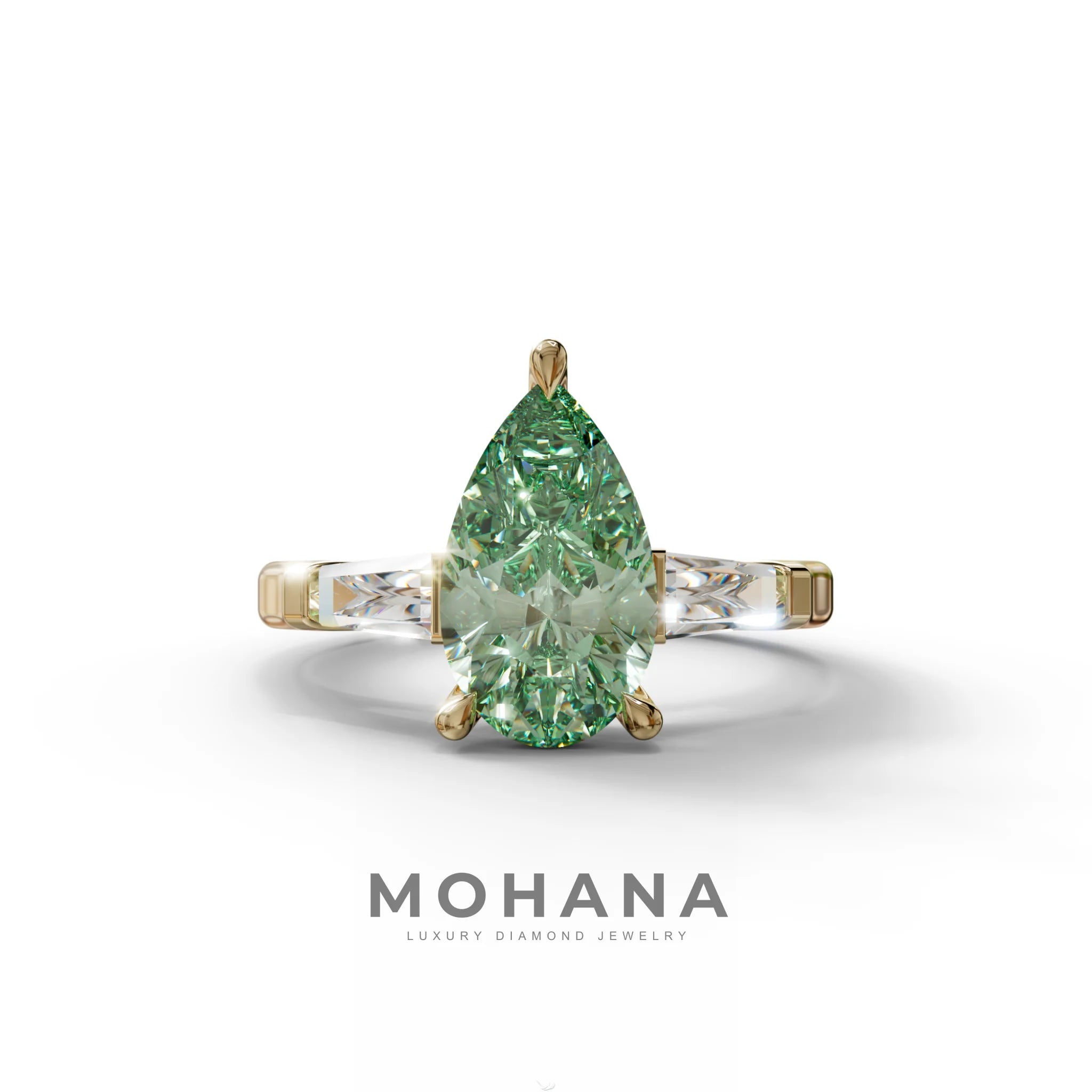 3 Carat Pear Cut Green Lab Diamond Ring 3 Stone Design - Bella - 10K Solid Gold / Yellow Gold