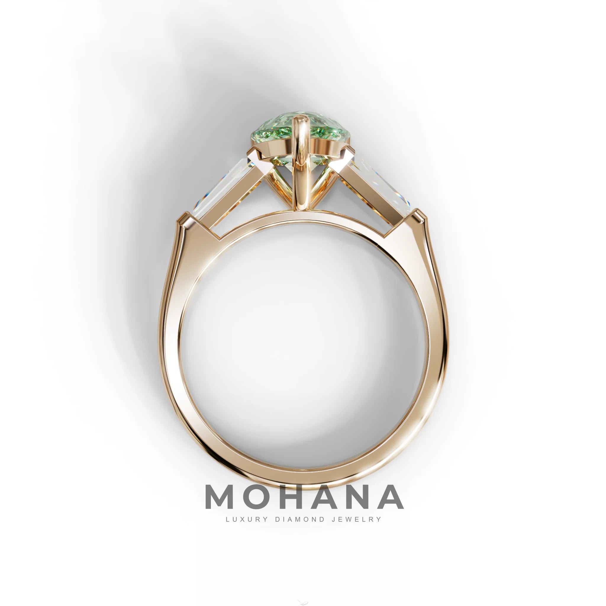 3 Carat Pear Cut Green Lab Diamond Ring 3 Stone Design - Bella