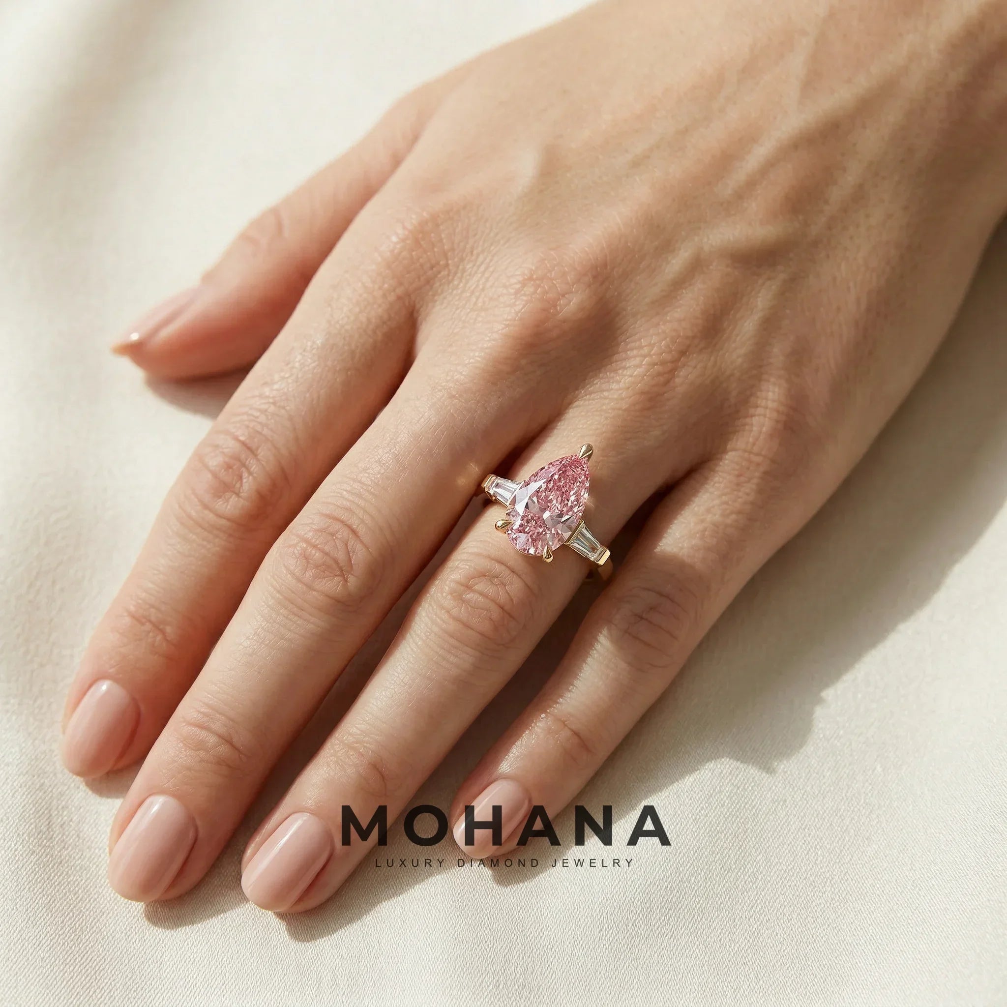 3.40ct Fancy Pink Pear & Tapered Baguette Three Stone Lab Diamond Ring - Bella