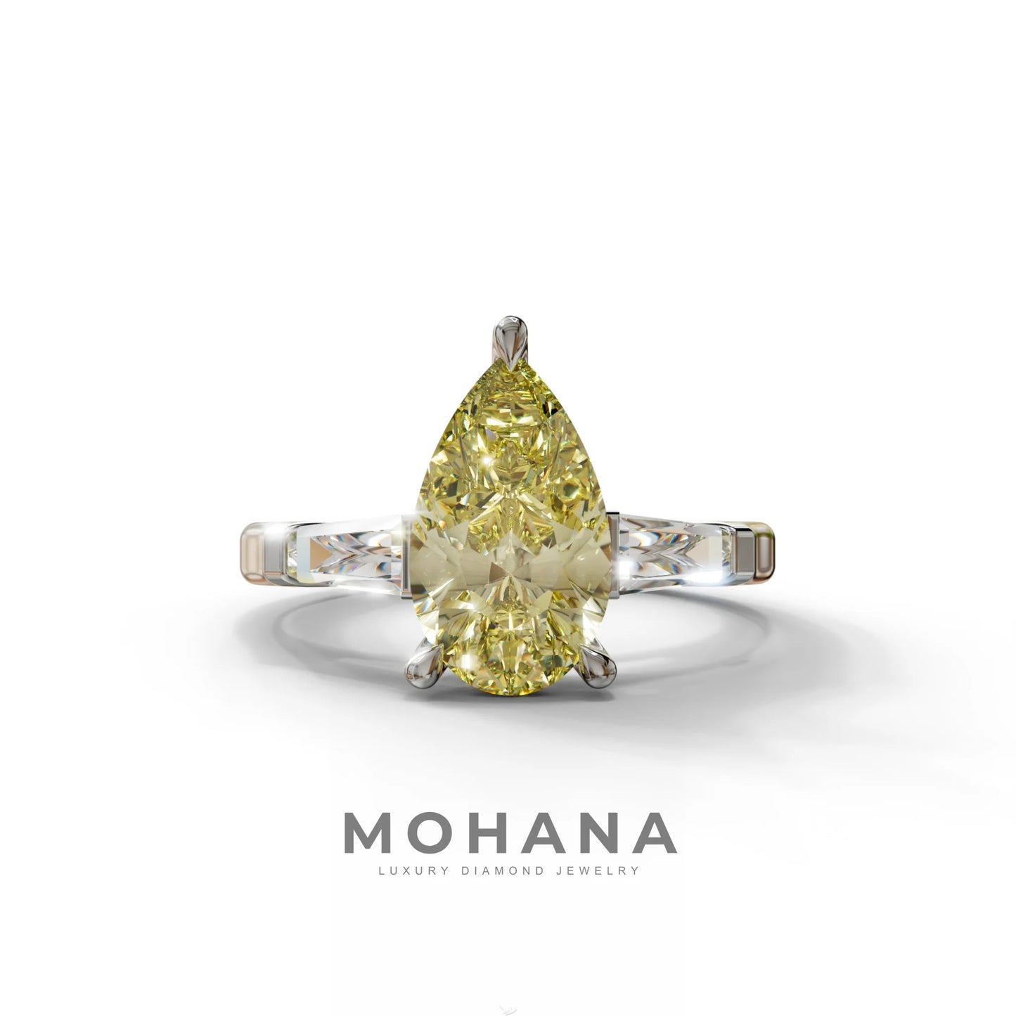 3 Carat Pear Cut Yellow Lab Diamond Engagement Ring - Bella - 10K Solid Gold / White Gold