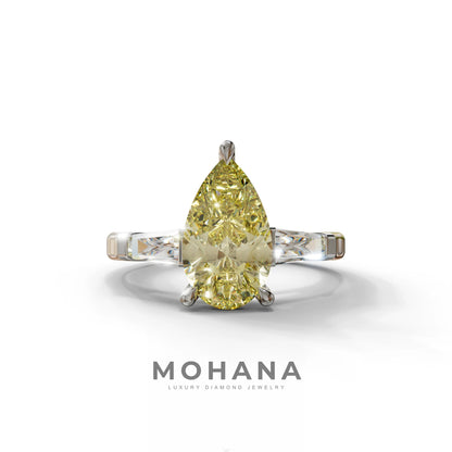 3 Carat Pear Cut Yellow Lab Diamond Engagement Ring - Bella - 10K Solid Gold / White Gold