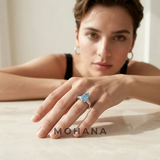 3.40ct Fancy Blue Pear & Tapered Baguette Three Stone Lab Diamond Ring - Bella