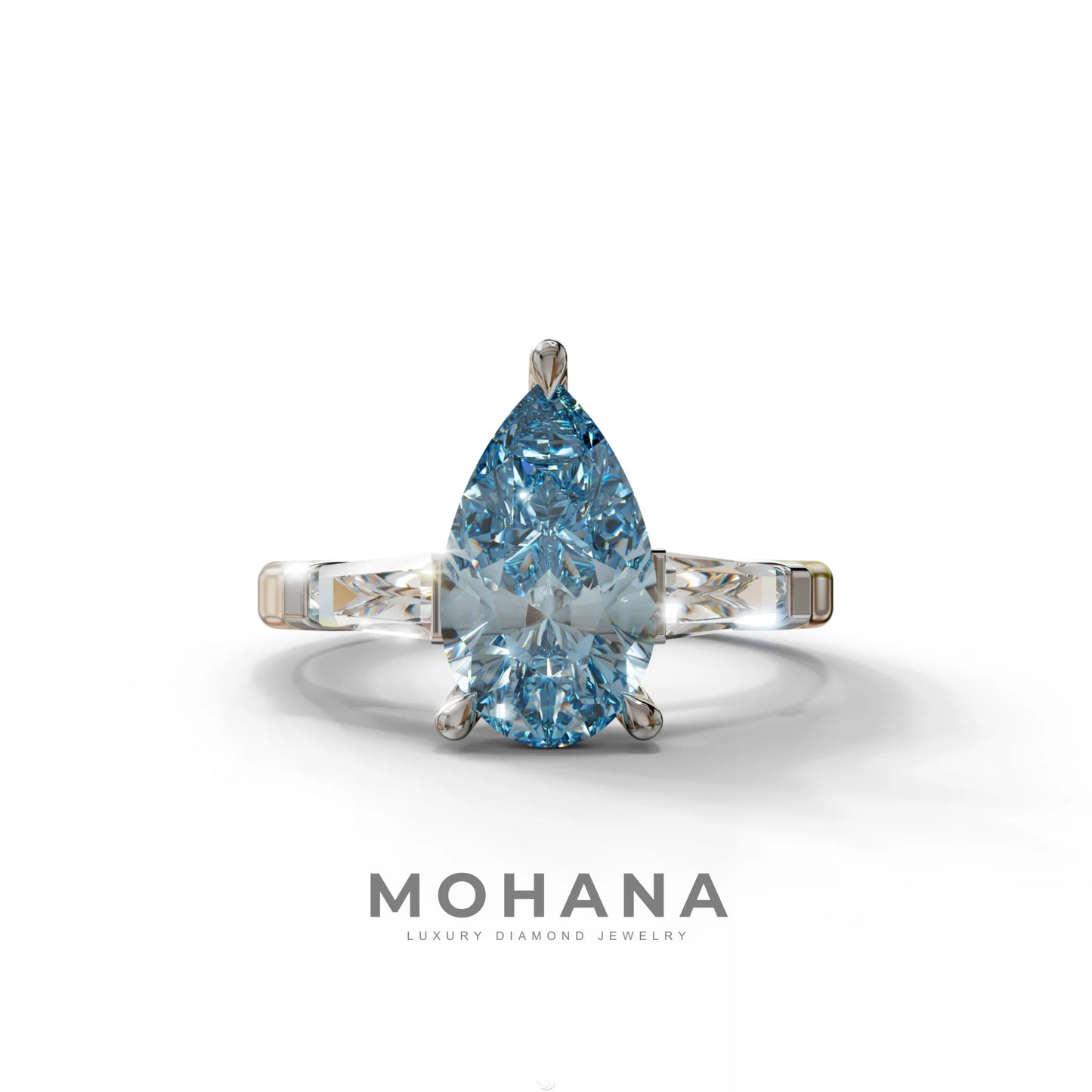 3 Carat Pear Cut Blue Lab Diamond Engagement Ring - Bella - 10K Solid Gold / White Gold