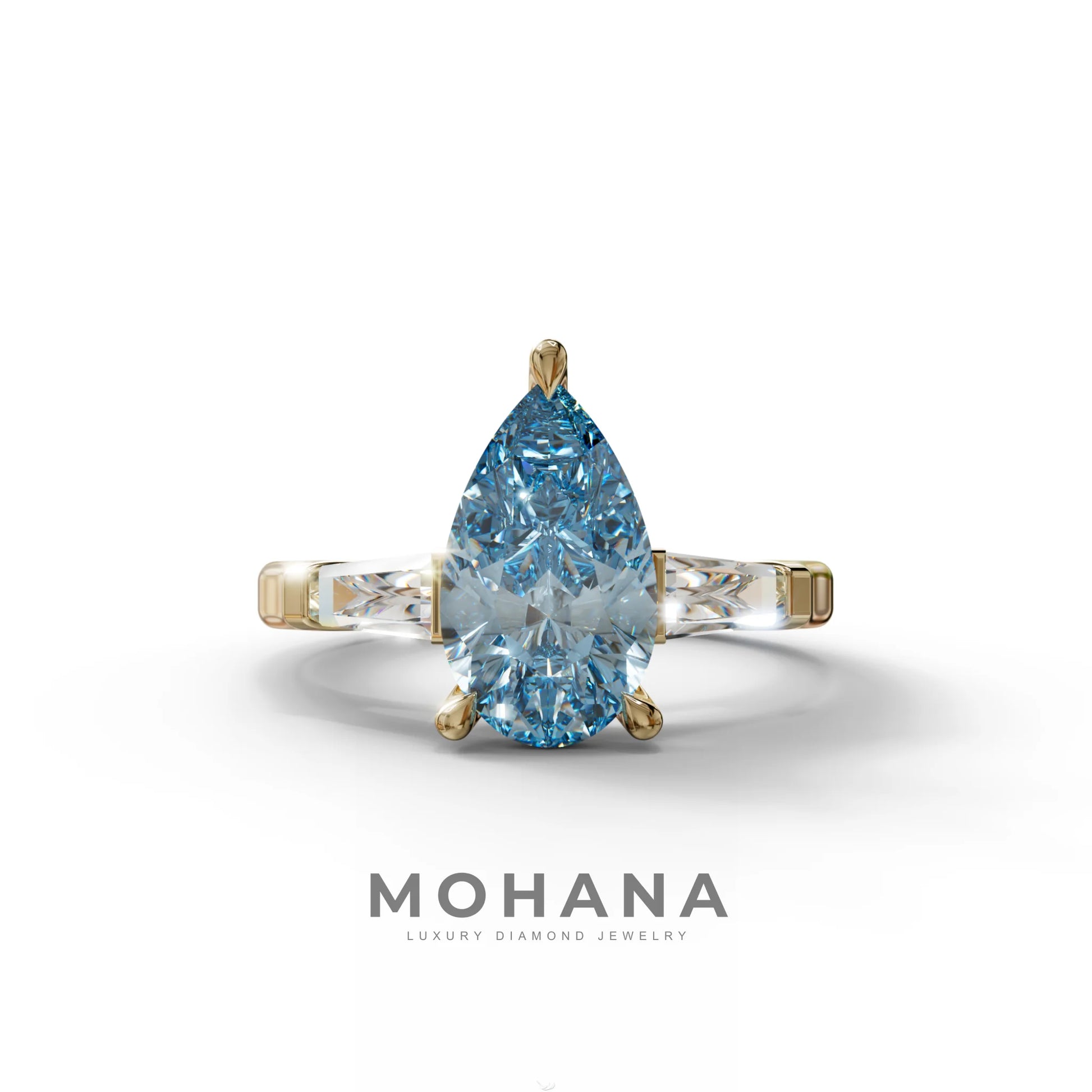 3 Carat Pear Cut Blue Lab Diamond Engagement Ring - Bella - 10K Solid Gold / Yellow Gold