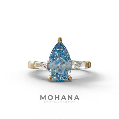 3 Carat Pear Cut Blue Lab Diamond Engagement Ring - Bella - 10K Solid Gold / Yellow Gold