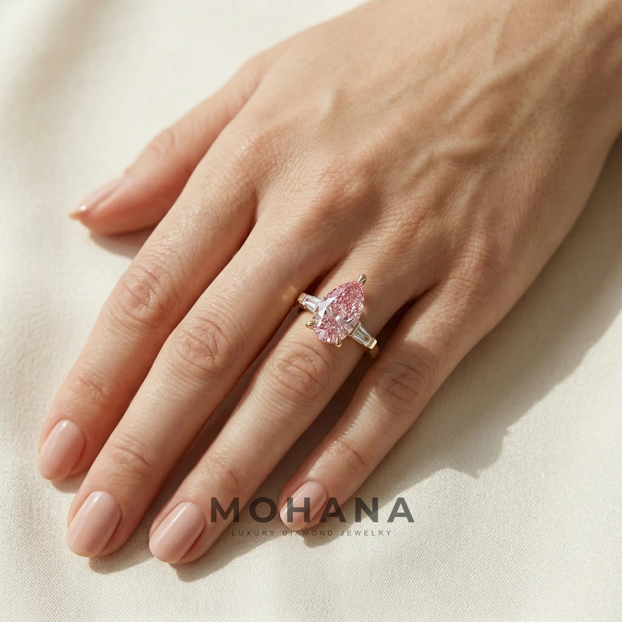 3.40ct Fancy Pink Pear & Tapered Baguette Three Stone Lab Diamond Ring - Bella