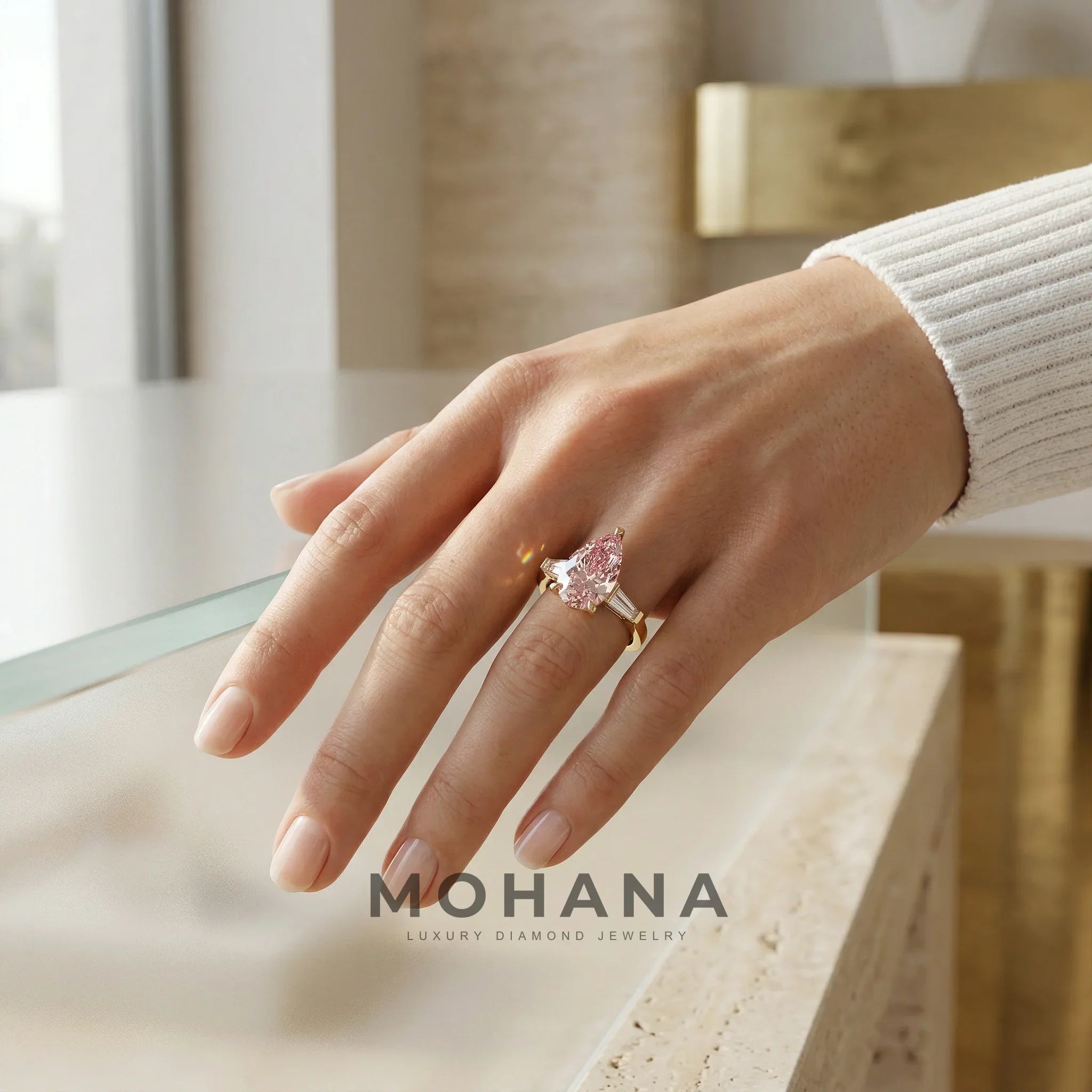 3.40ct Fancy Pink Pear & Tapered Baguette Three Stone Lab Diamond Ring - Bella