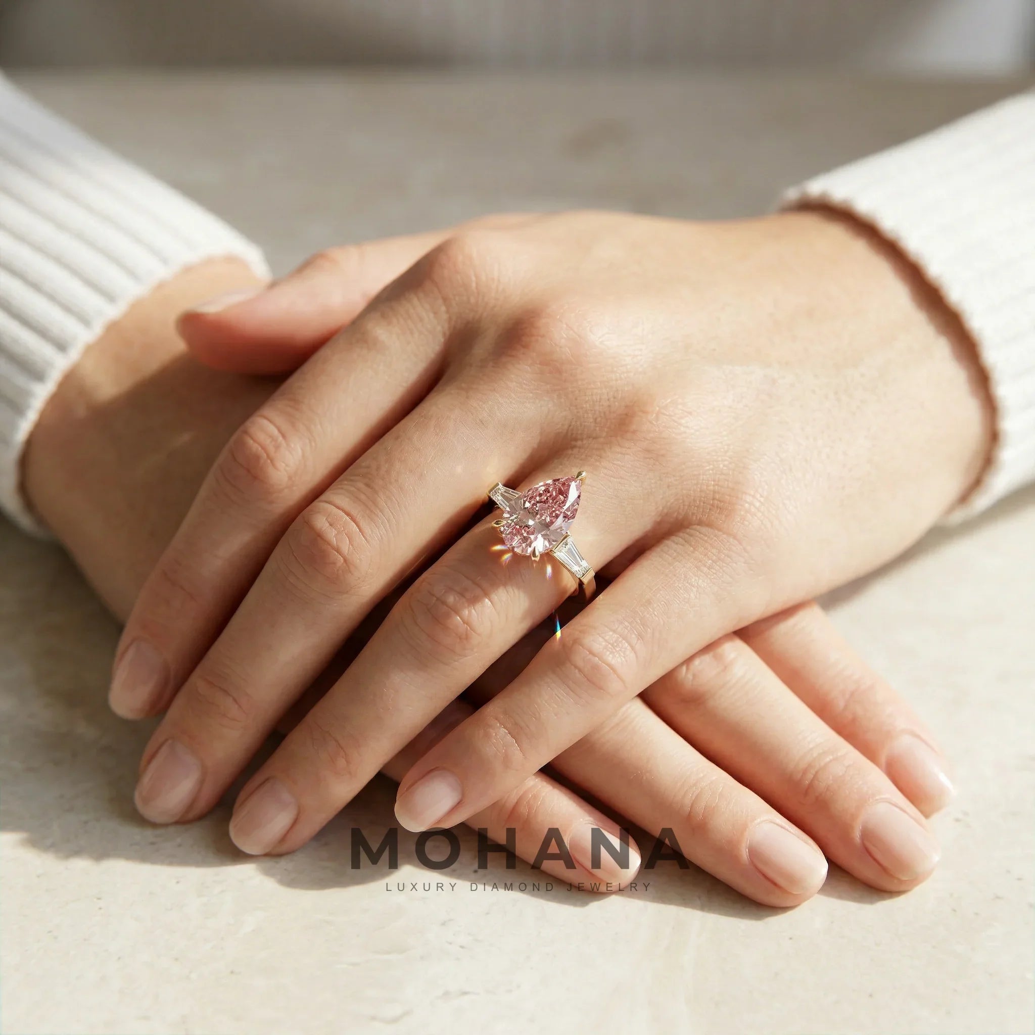 3.40ct Fancy Pink Pear & Tapered Baguette Three Stone Lab Diamond Ring - Bella