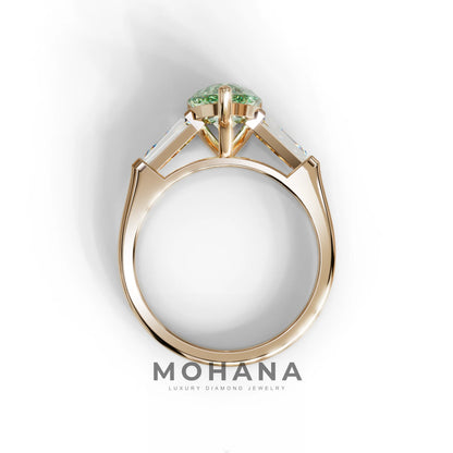 3 Carat Pear Cut Green Lab Diamond Ring 3 Stone Design - Bella
