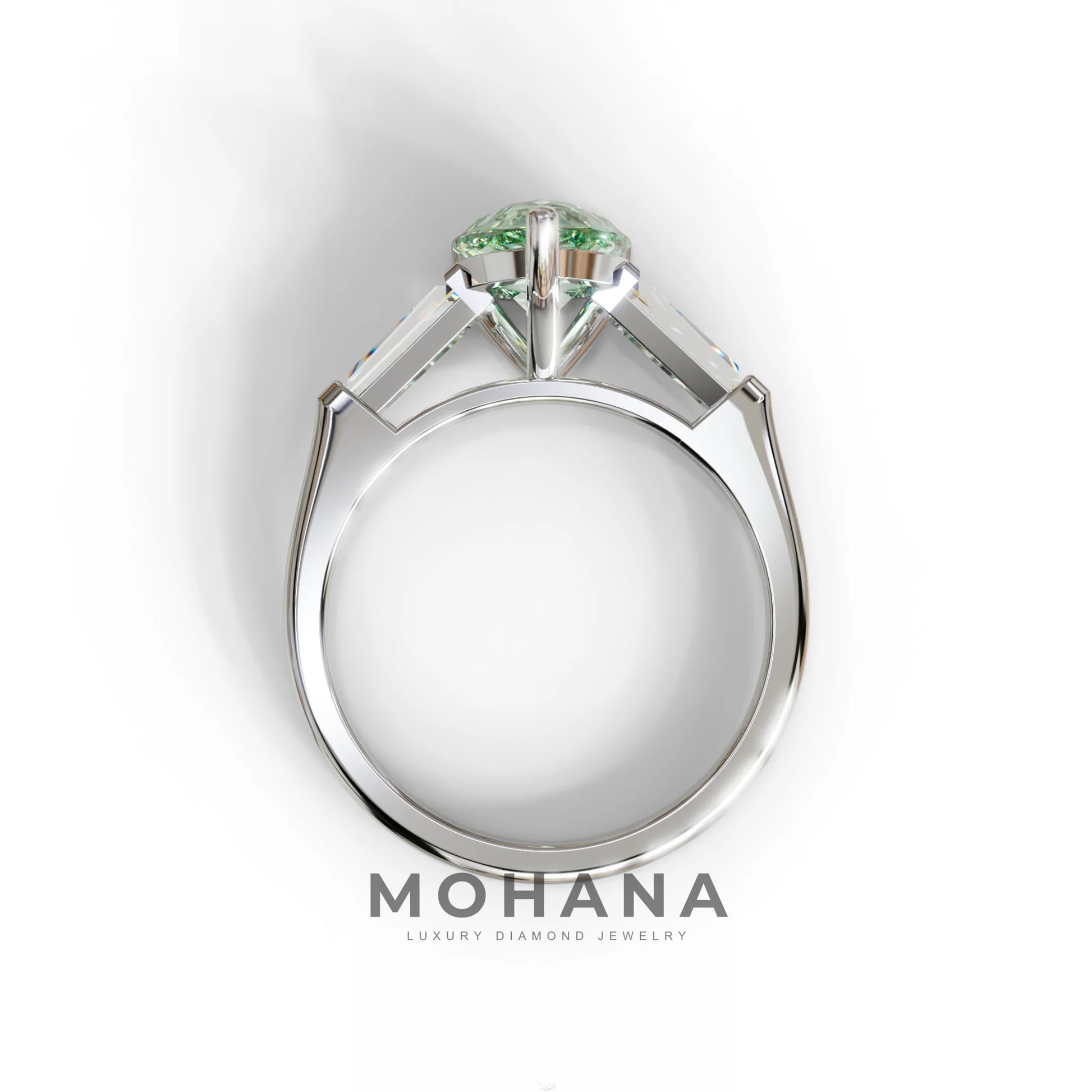 3 Carat Pear Cut Green Lab Diamond Ring 3 Stone Design - Bella