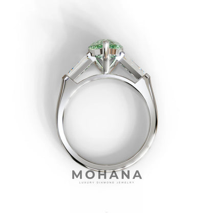 3 Carat Pear Cut Green Lab Diamond Ring 3 Stone Design - Bella