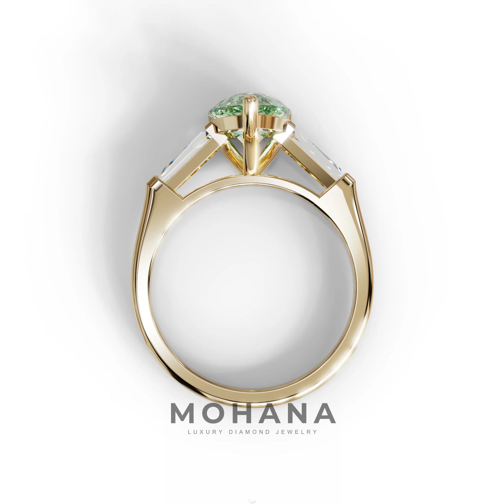 3 Carat Pear Cut Green Lab Diamond Ring 3 Stone Design - Bella