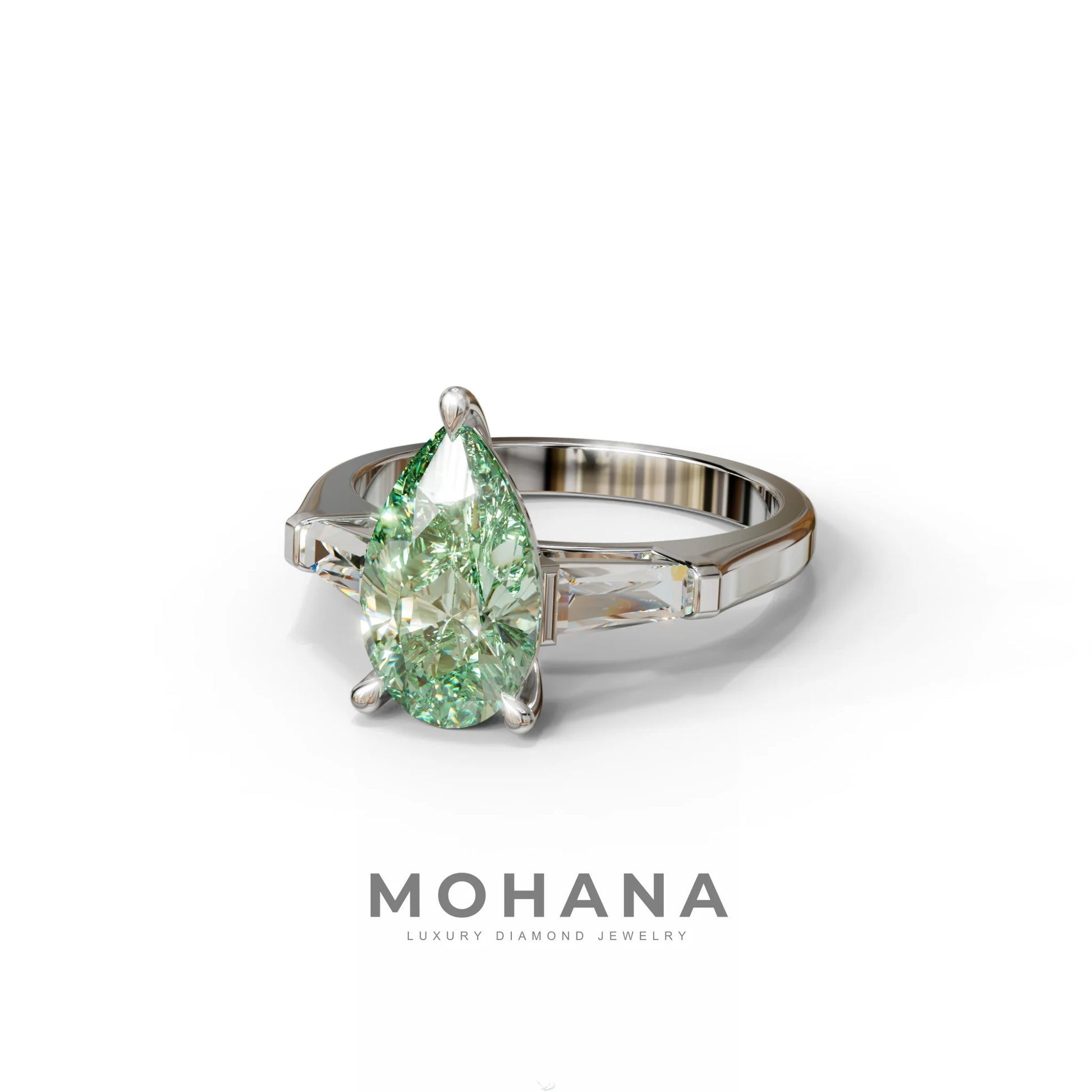 3 Carat Pear Cut Green Lab Diamond Ring 3 Stone Design - Bella