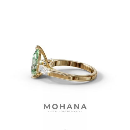 3 Carat Pear Cut Green Lab Diamond Ring 3 Stone Design - Bella