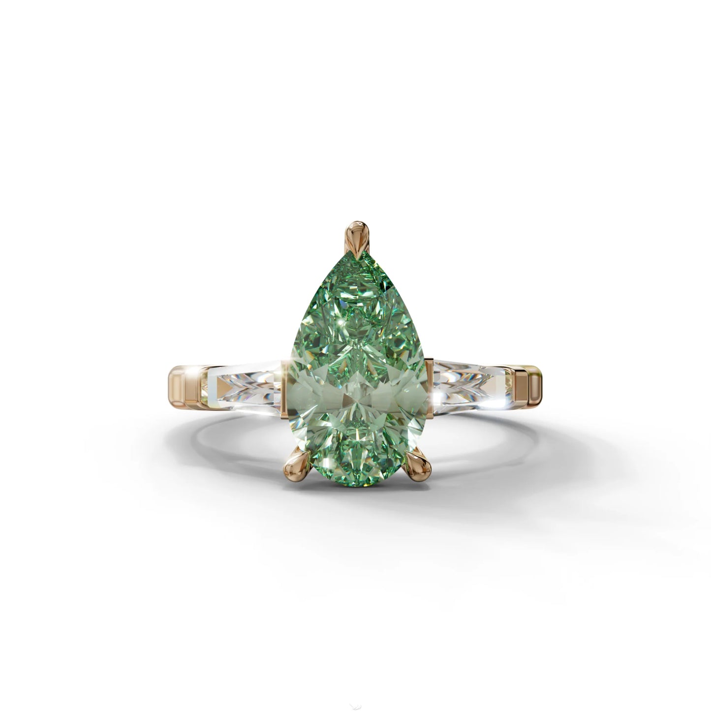 3 Carat Pear Cut Green Lab Diamond Ring 3 Stone Design - Bella - 10K Solid Gold / Rose Gold