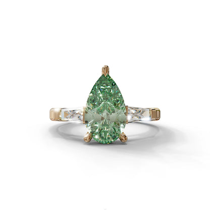 3 Carat Pear Cut Green Lab Diamond Ring 3 Stone Design - Bella - 10K Solid Gold / Rose Gold