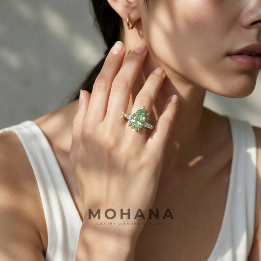3.40ct Vivid Green Pear & Tapered Baguette Three Stone Lab Diamond Ring - Bella