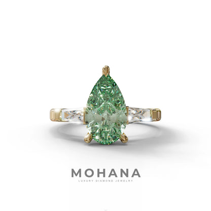 3 Carat Pear Cut Green Lab Diamond Ring 3 Stone Design - Bella - 10K Solid Gold / Yellow Gold