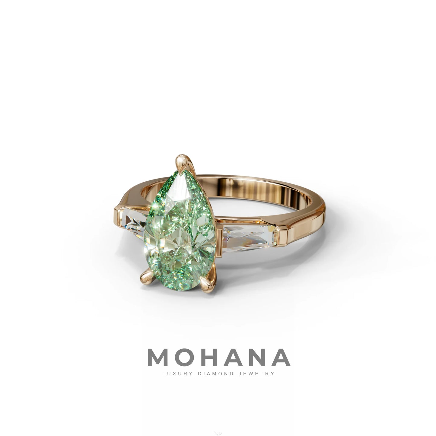 3 Carat Pear Cut Green Lab Diamond Ring 3 Stone Design - Bella