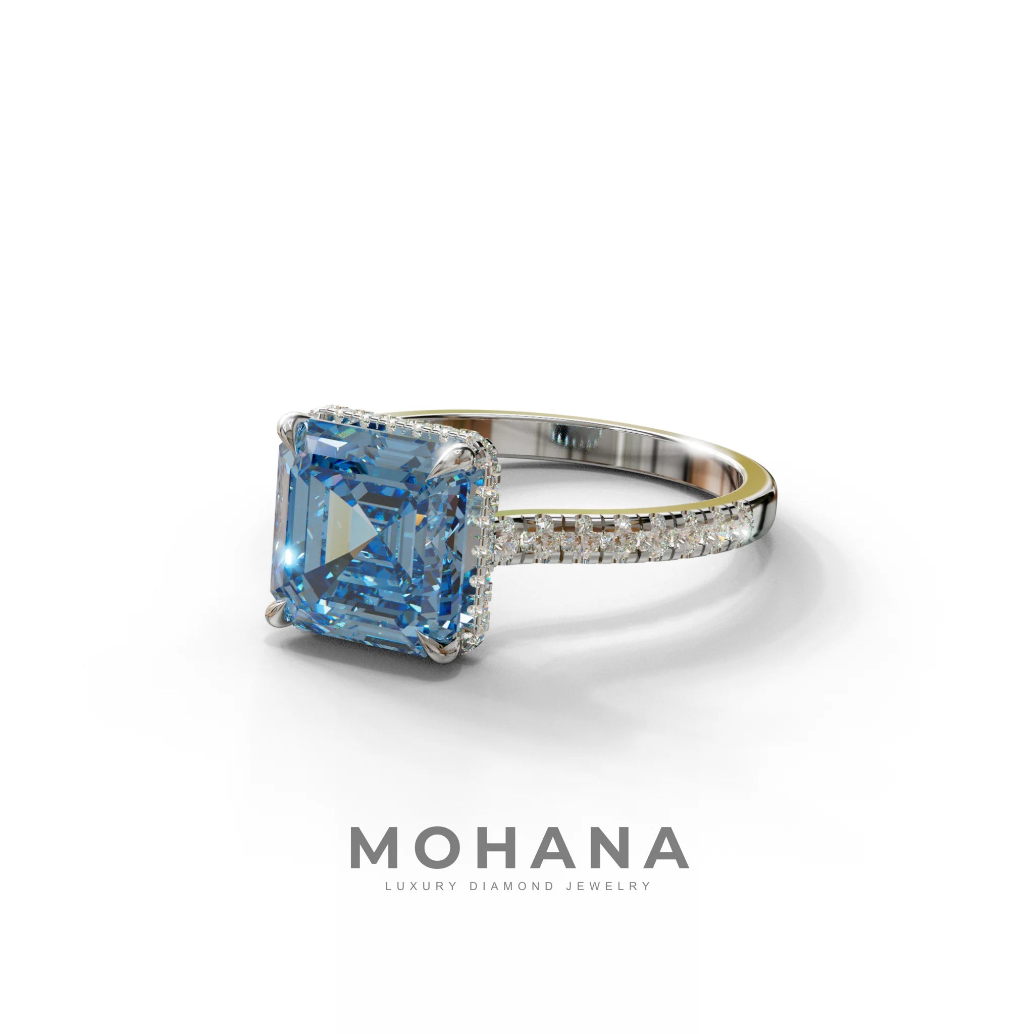 3.5 Carat Blue Asscher‑Cut Lab Diamond Engagement Ring with Halo and Pavé Accents