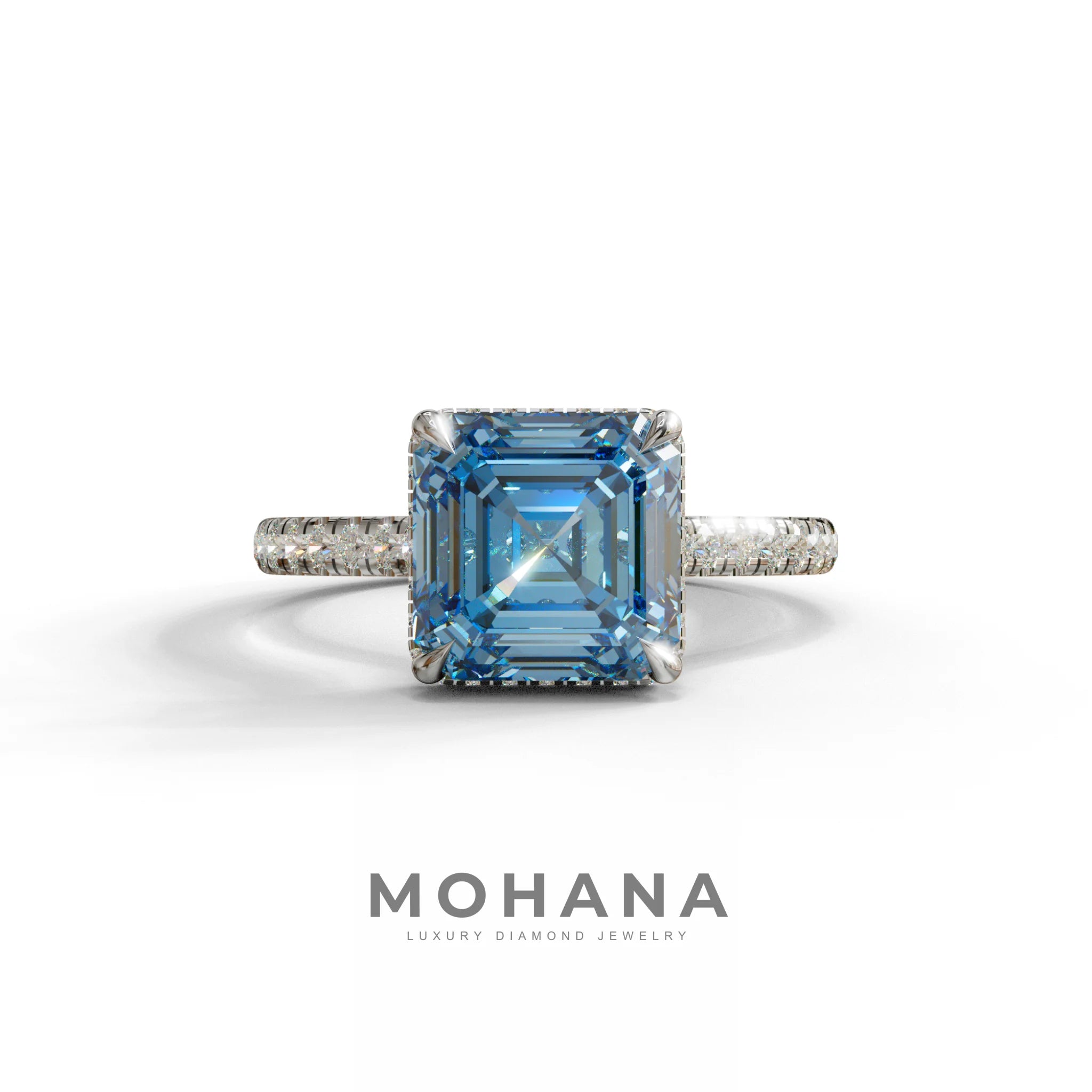 3.5 Carat Blue Asscher‑Cut Lab Diamond Engagement Ring with Halo and Pavé Accents - 10K Solid Gold / White Gold