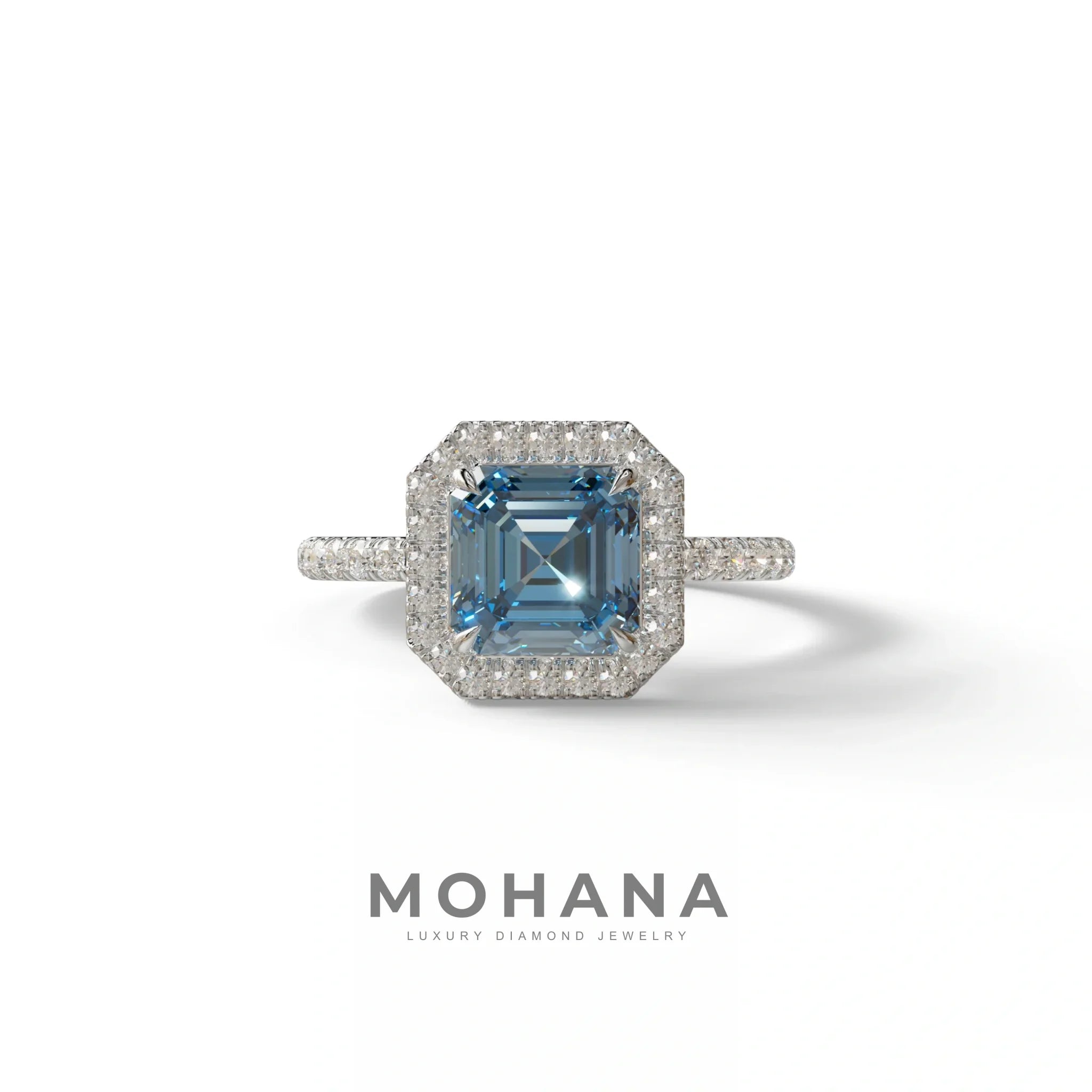 3.5 Ct Blue Asscher Cut Lab Diamond In Halo & Pave Setting Ring - Up Glam - 10K Solid Gold / White Gold