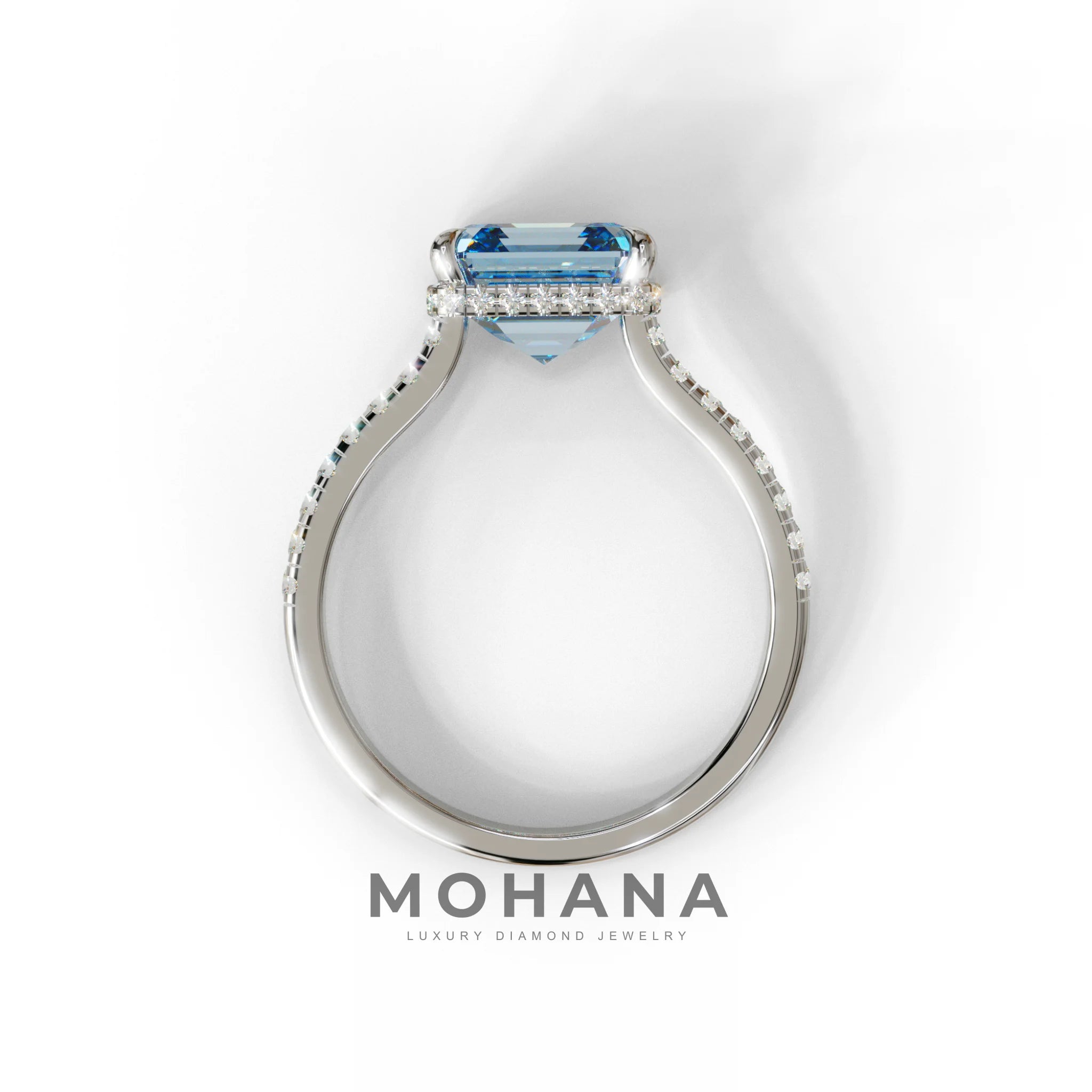 3.5 Carat Blue Asscher‑Cut Lab Diamond Engagement Ring with Halo and Pavé Accents