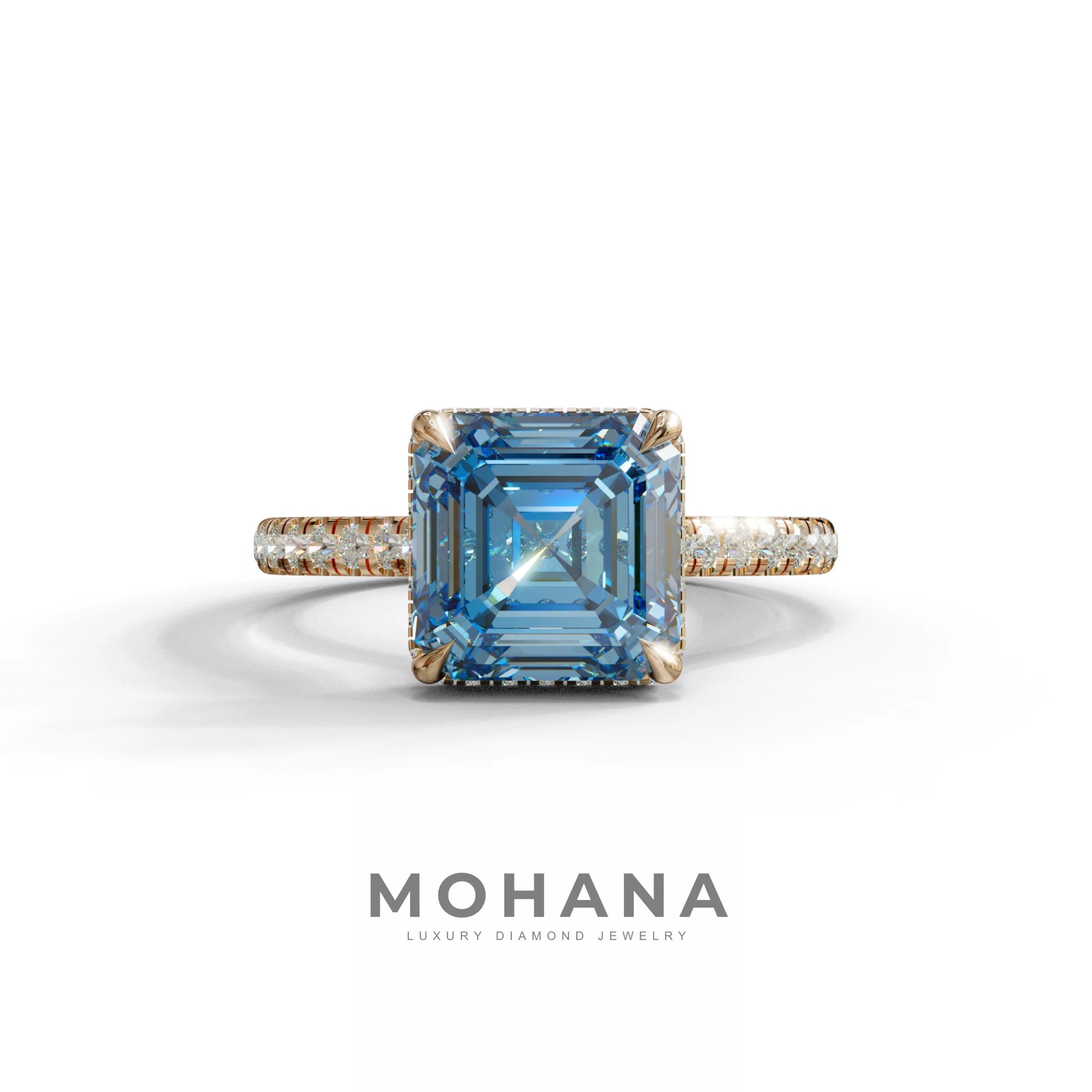 3.5 Carat Blue Asscher‑Cut Lab Diamond Engagement Ring with Halo and Pavé Accents - 10K Solid Gold / Rose Gold