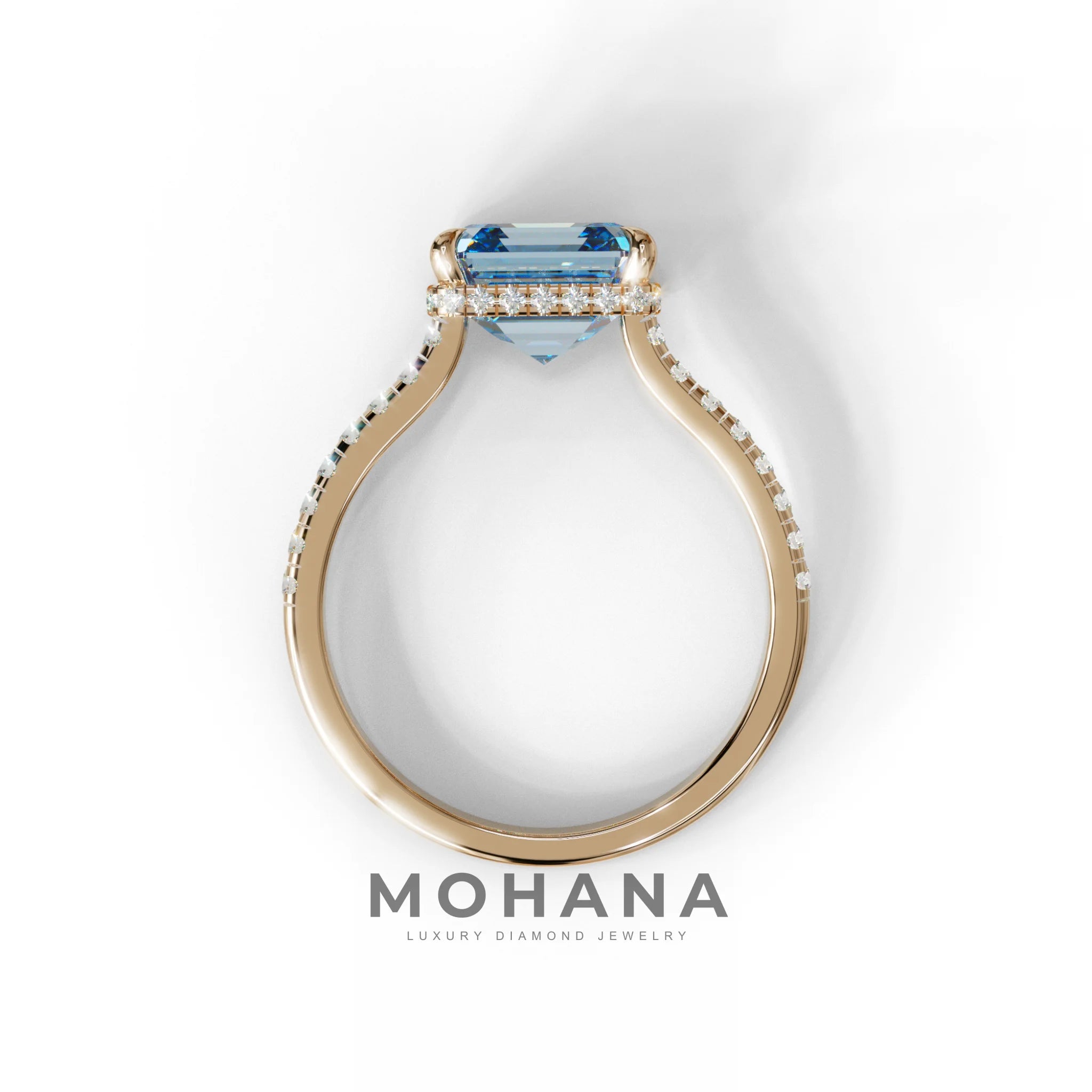 3.5 Carat Blue Asscher‑Cut Lab Diamond Engagement Ring with Halo and Pavé Accents