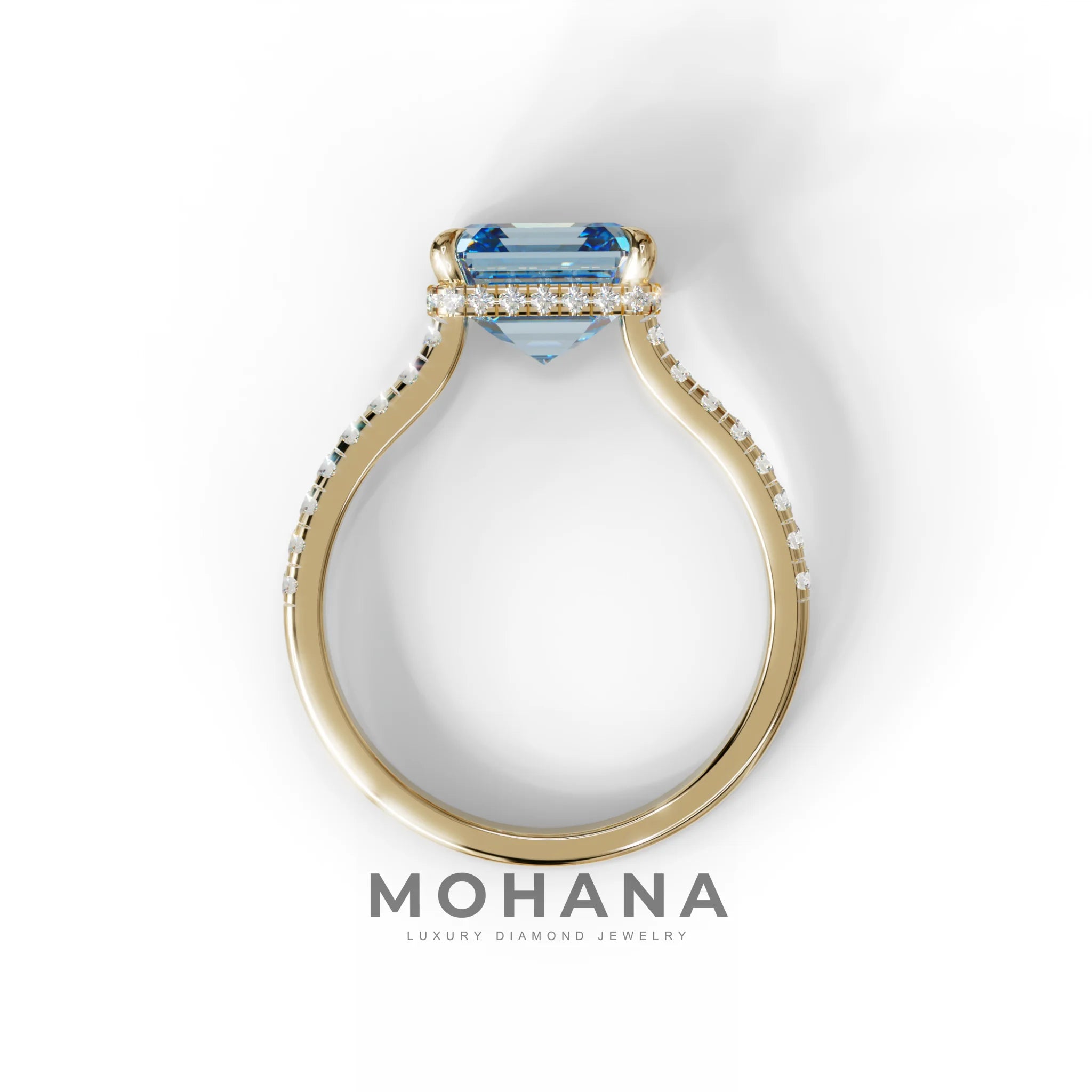 3.5 Carat Blue Asscher‑Cut Lab Diamond Engagement Ring with Halo and Pavé Accents