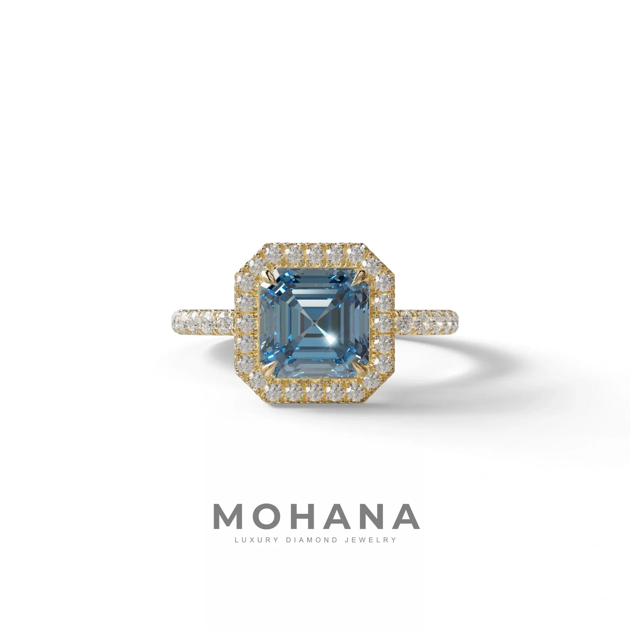3.5 Ct Blue Asscher Cut Lab Diamond In Halo & Pave Setting Ring - Up Glam - 10K Solid Gold / Yellow Gold