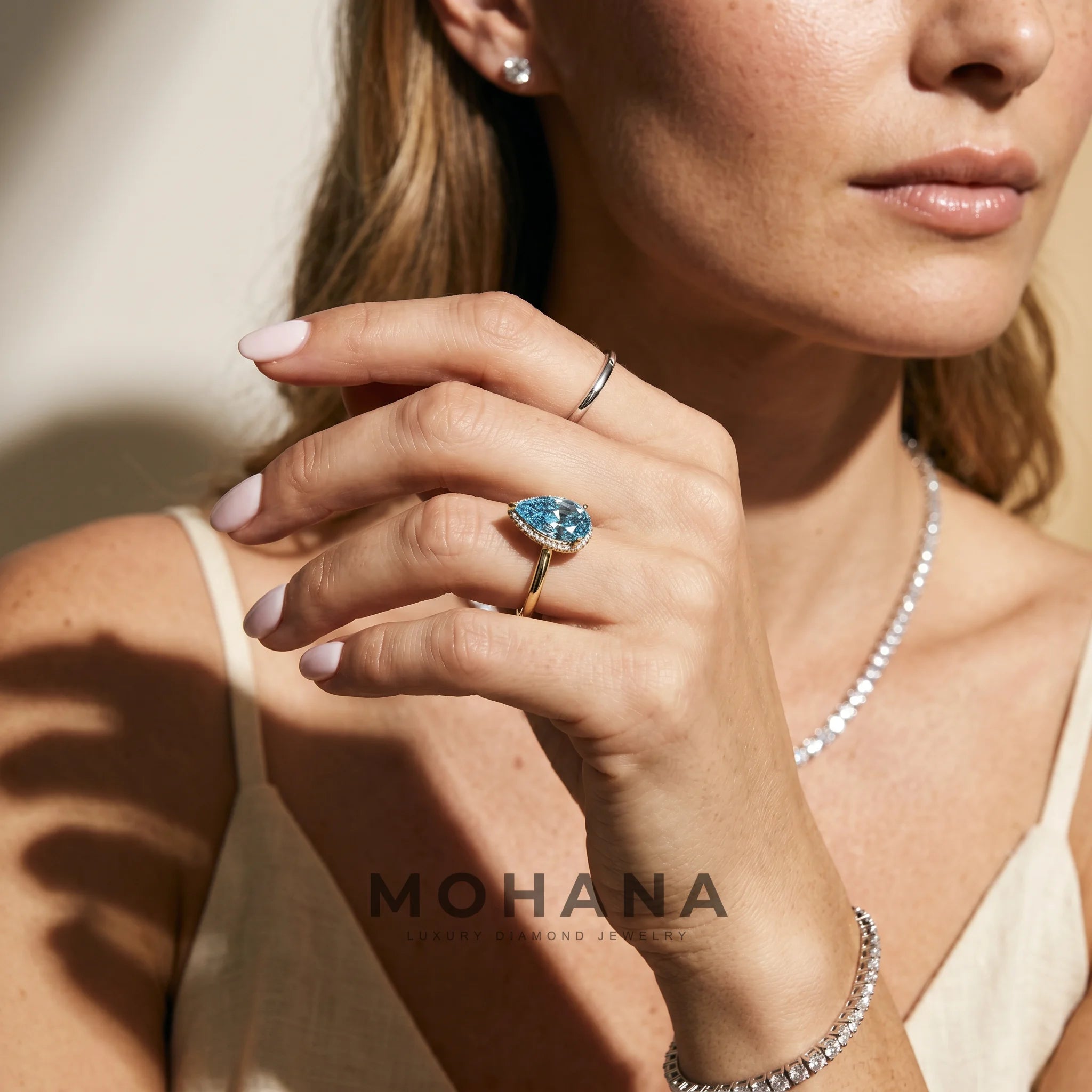 3.5 Carat Blue Lab Grown Diamond Engagement Ring – Pear Cut Hidden Halo - Engagement Ring