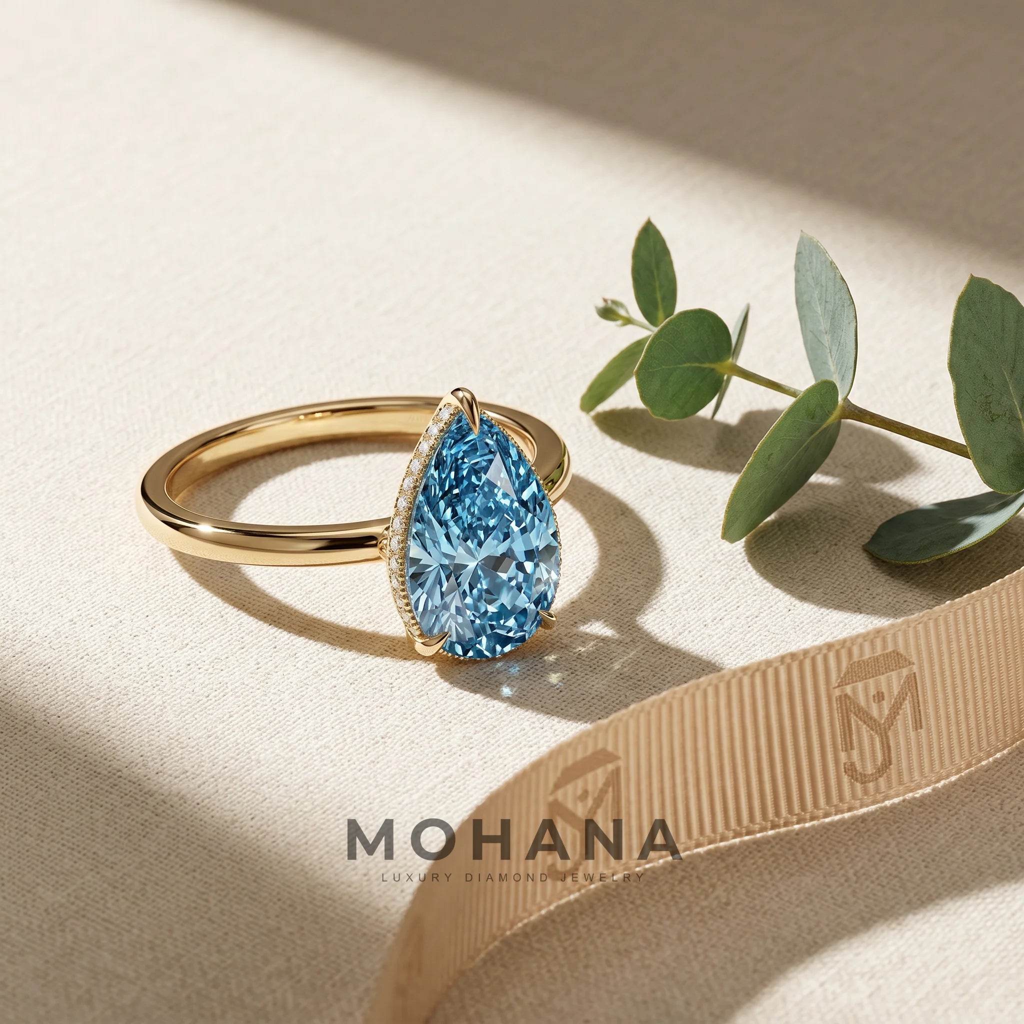 3.5 Carat Blue Lab Grown Diamond Engagement Ring – Pear Cut Hidden Halo - Engagement Ring