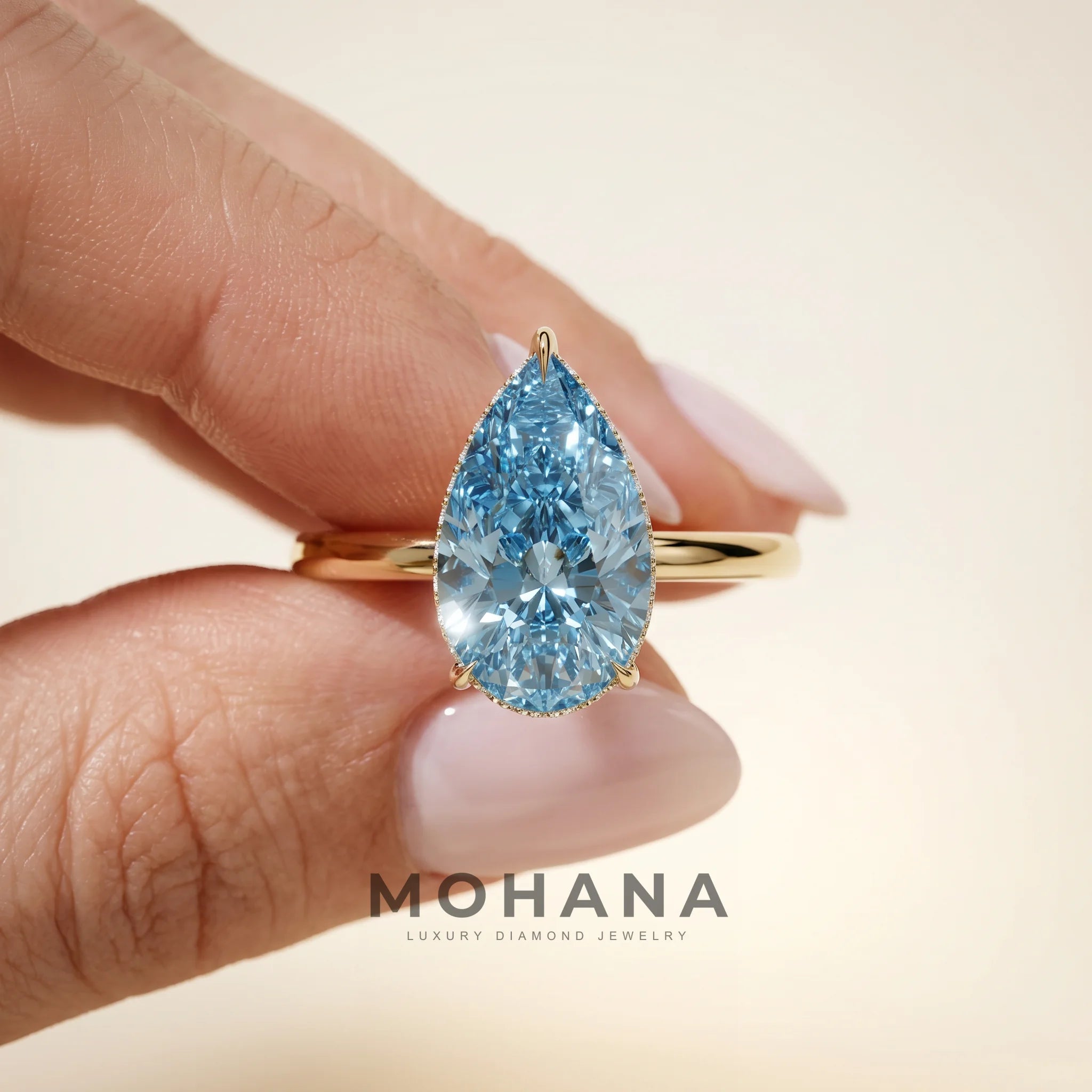 3.5 Carat Blue Lab Grown Diamond Engagement Ring – Pear Cut Hidden Halo - Engagement Ring