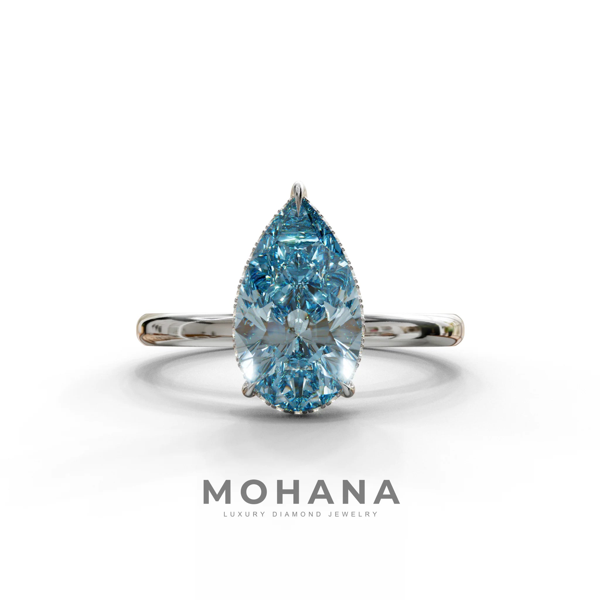 3.5 Carat Blue Pear Cut Hidden Halo Lab Grown Diamond Ring - 10K Solid Gold / White Gold