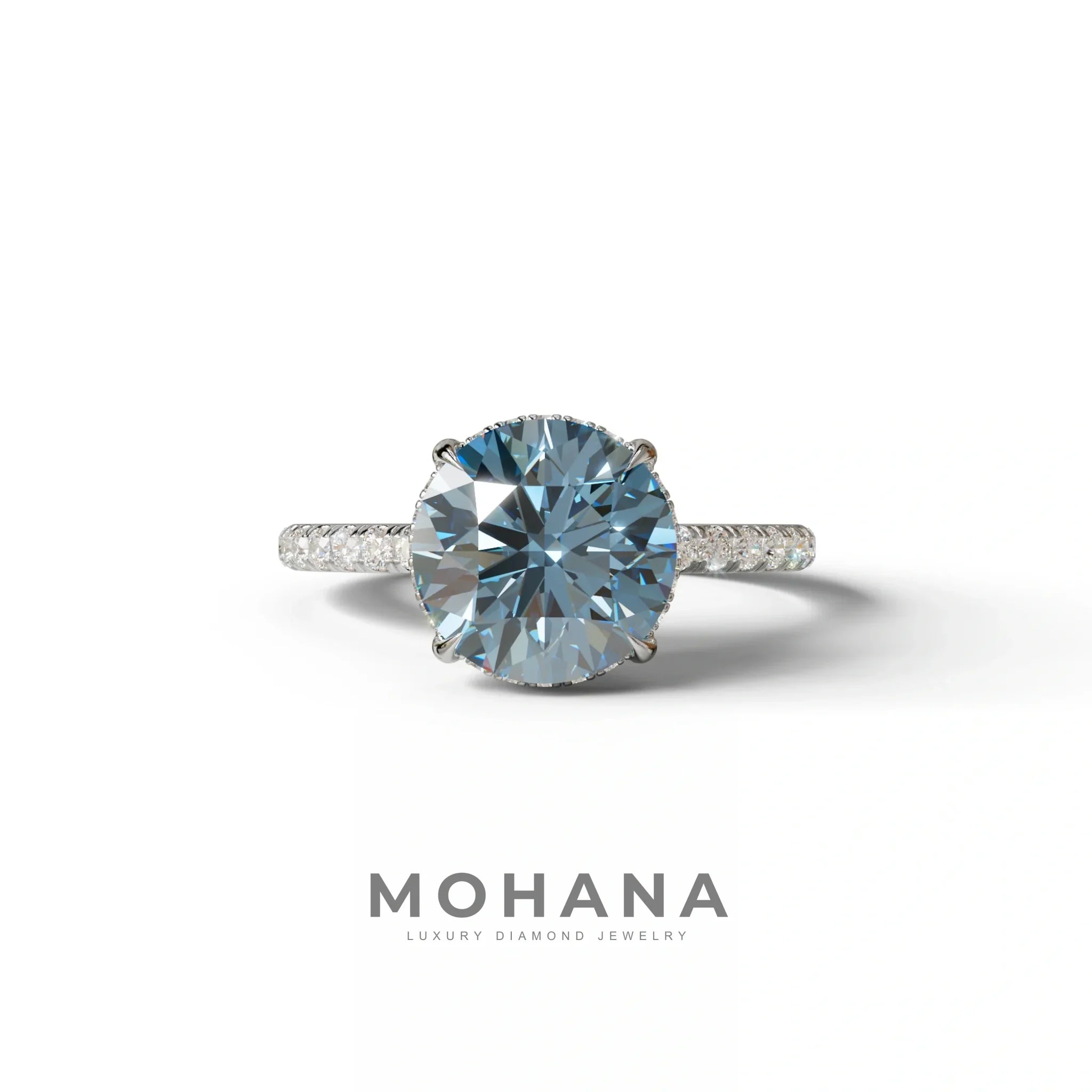 3.5 Carat Blue Round Cut Lab Diamond Ring - Halo & Pave Setting Wedding Ring - 10K Solid Gold / White Gold