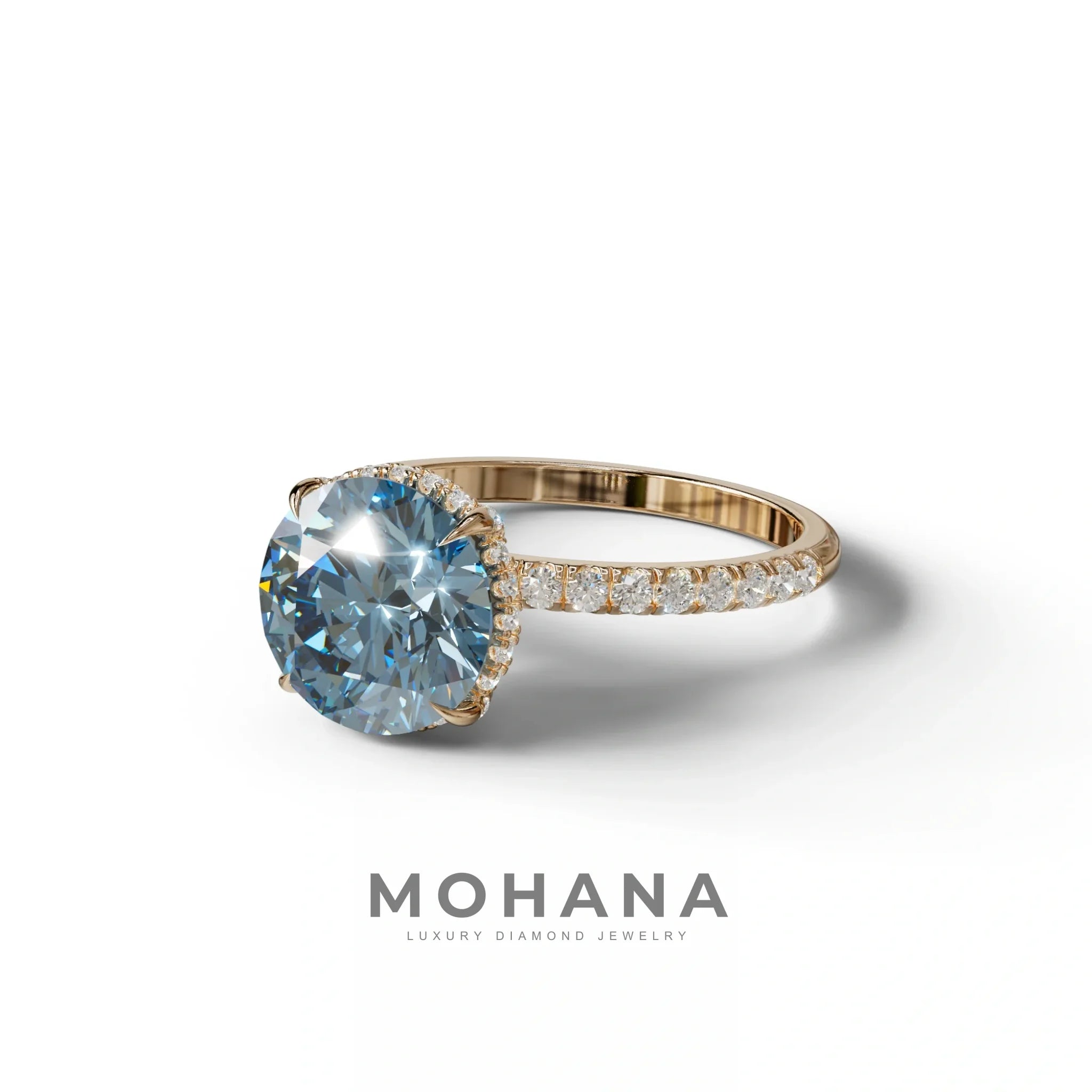 3.5 Carat Blue Round Cut Lab Diamond Ring - Halo & Pave Setting Wedding Ring