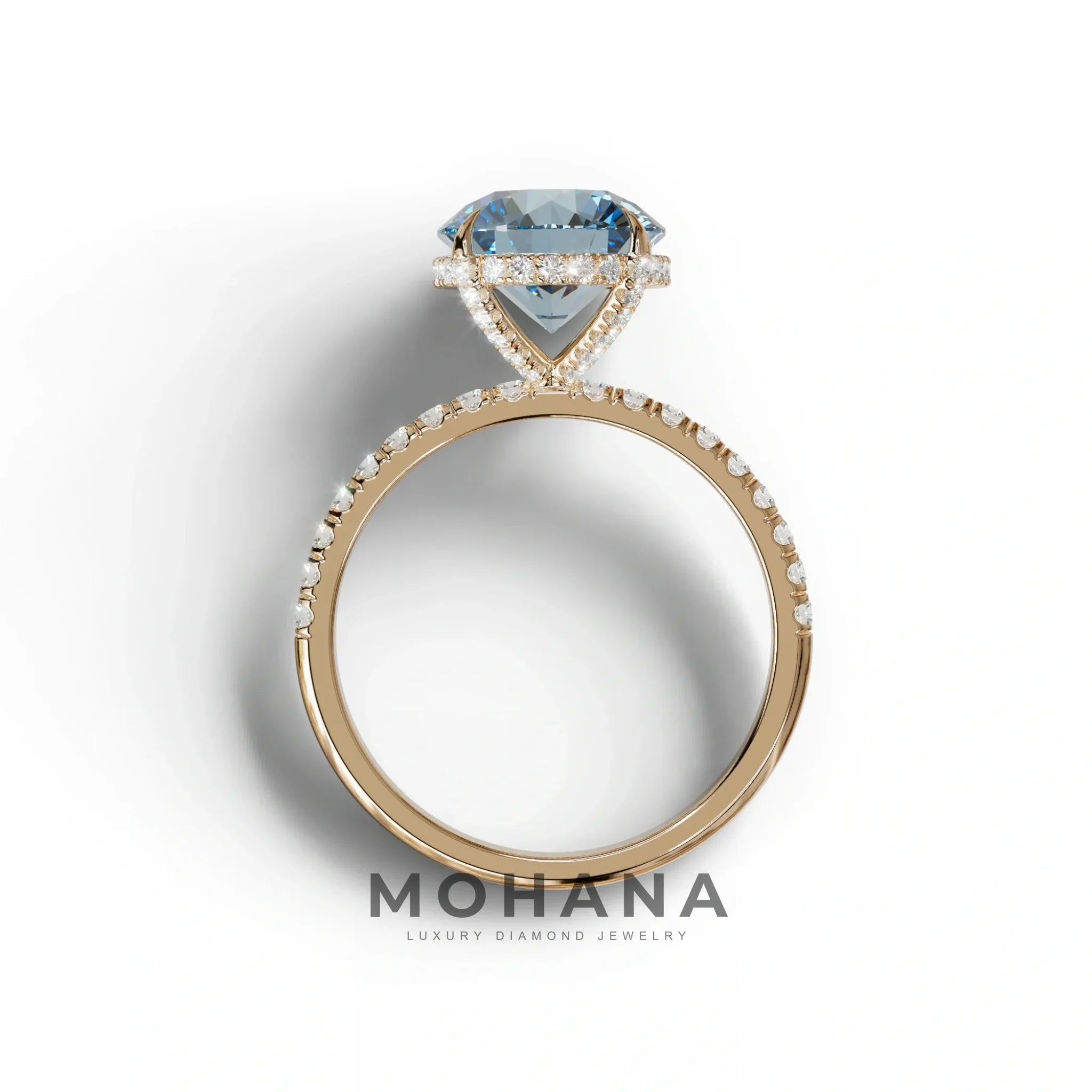 3.5 Carat Blue Round Cut Lab Diamond Ring - Halo & Pave Setting Wedding Ring