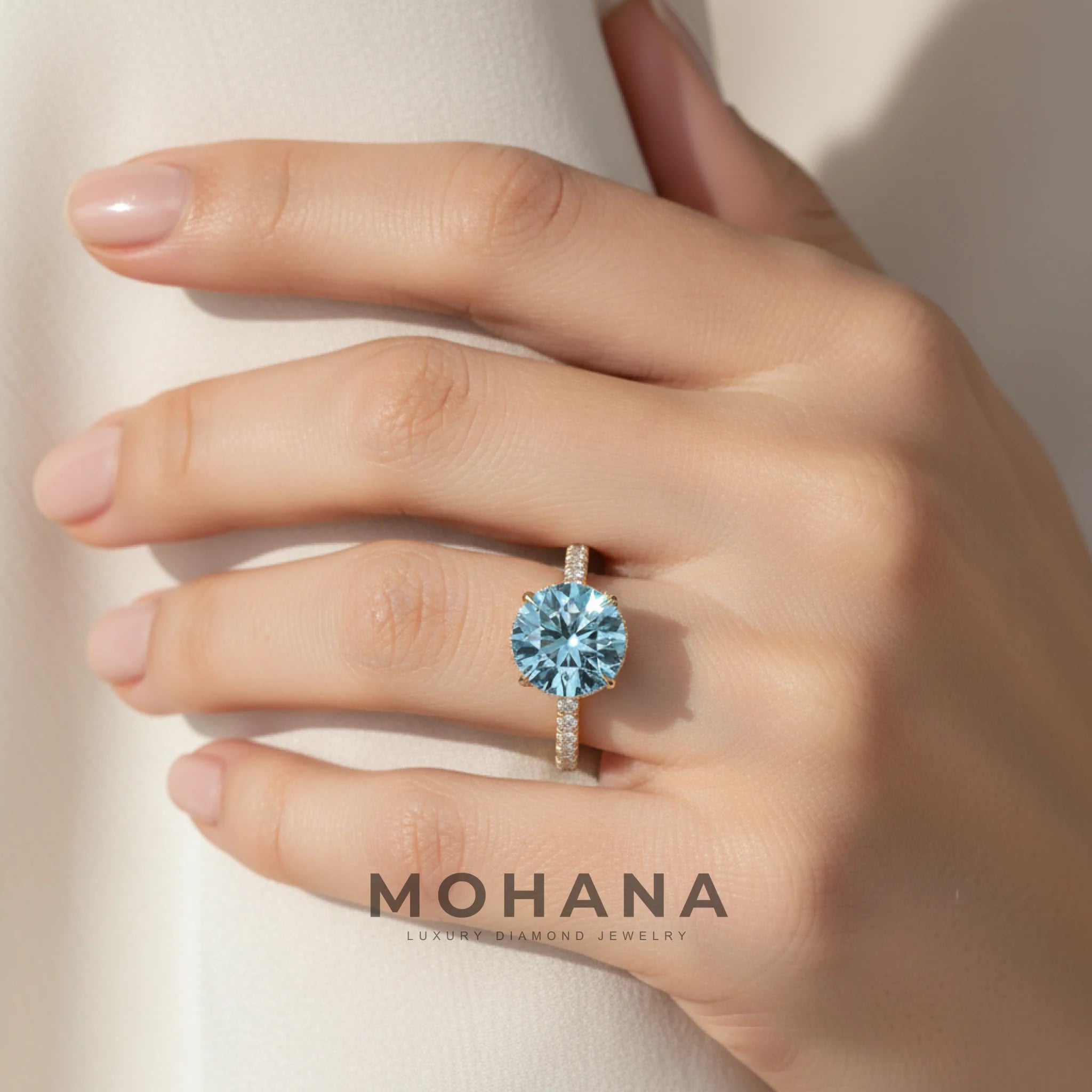 3.5 Carat Fancy Blue Round Cut Lab Grown Diamond Ring - Halo & Pave Setting Wedding Ring