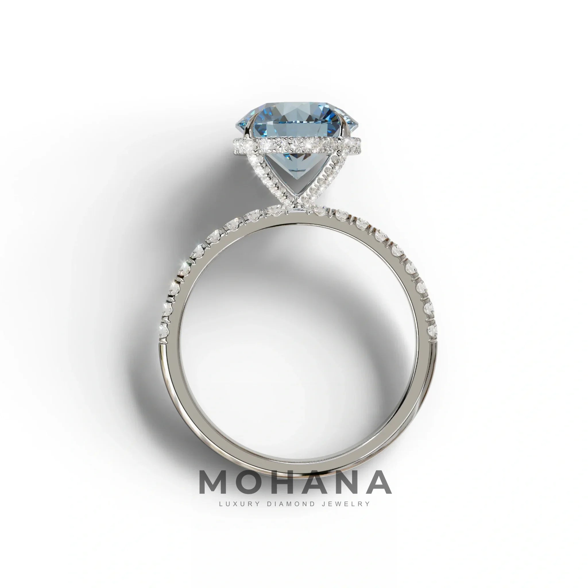 3.5 Carat Blue Round Cut Lab Diamond Ring - Halo & Pave Setting Wedding Ring