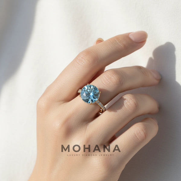 3.5 Carat Blue Lab Grown Diamond Engagement Ring – Round Cut Halo & Pavé alternate view