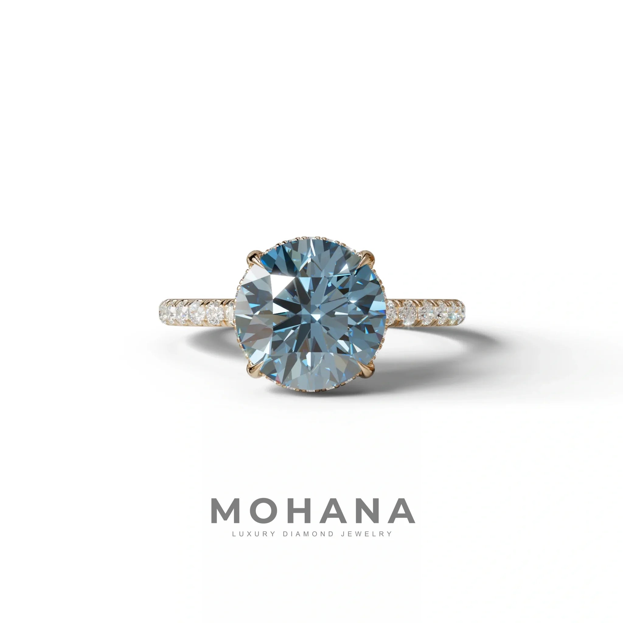 3.5 Carat Blue Round Cut Lab Diamond Ring - Halo & Pave Setting Wedding Ring - 10K Solid Gold / Rose Gold