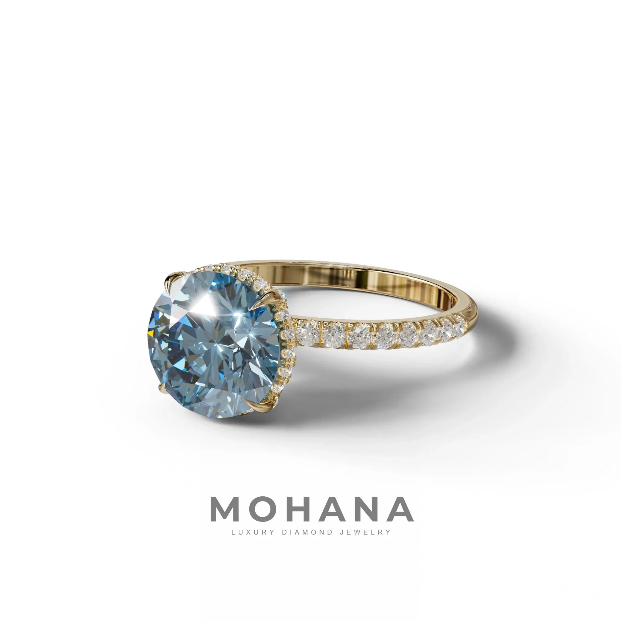 3.5 Carat Blue Round Cut Lab Diamond Ring - Halo & Pave Setting Wedding Ring