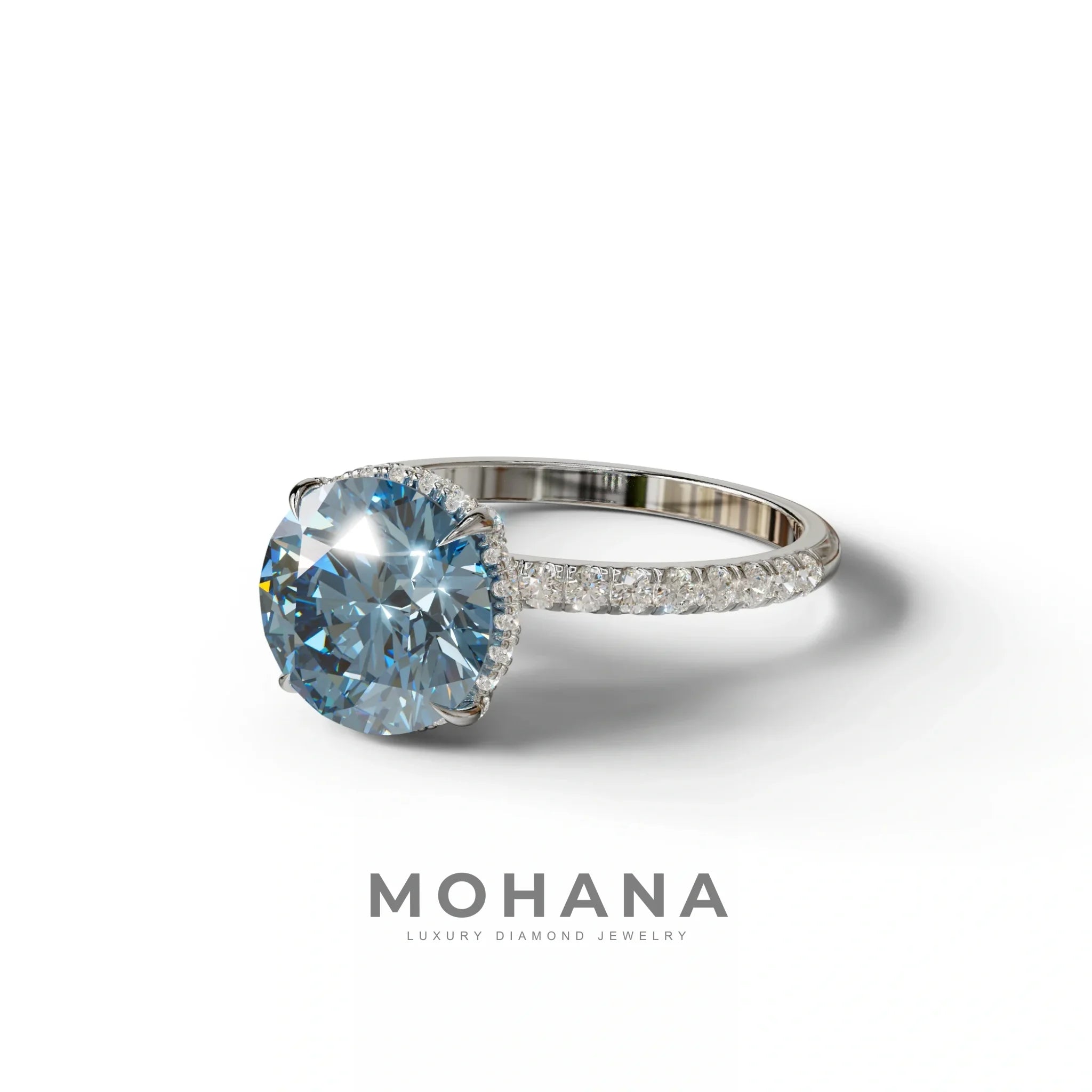 3.5 Carat Blue Round Cut Lab Diamond Ring - Halo & Pave Setting Wedding Ring