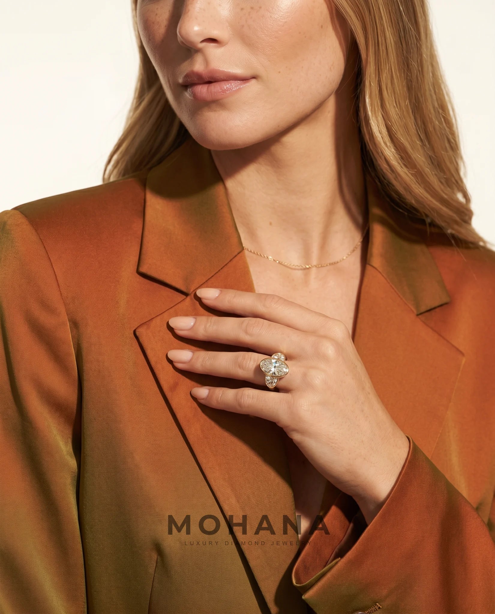 Ready to Ship 3.5 Carat Colorless Elongated Oval Three-Stone Half-Moon Yellow Gold Diamond Ring — view 15
