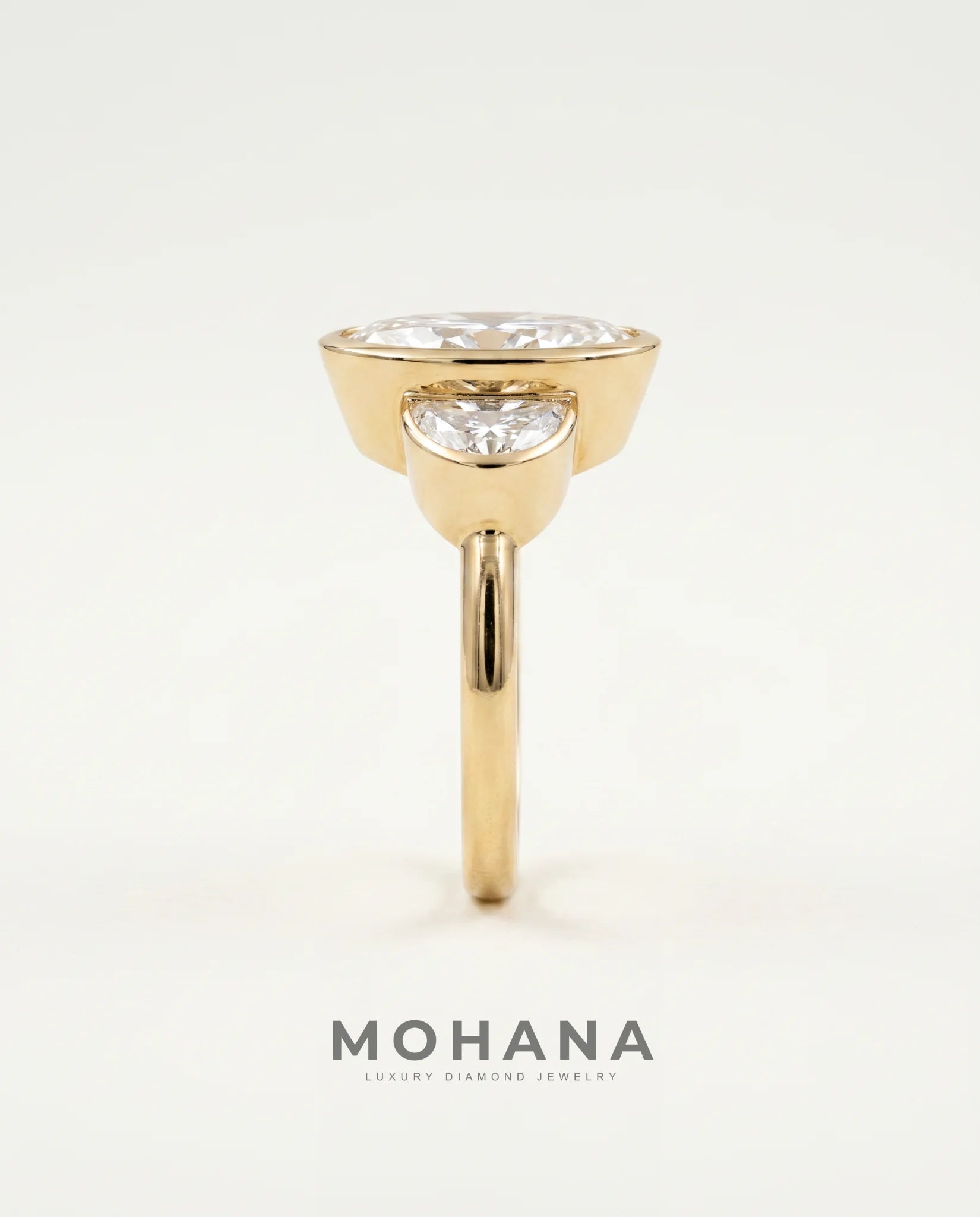 Ready to Ship 3.5 Carat Colorless Elongated Oval Three-Stone Half-Moon Yellow Gold Diamond Ring — view 3
