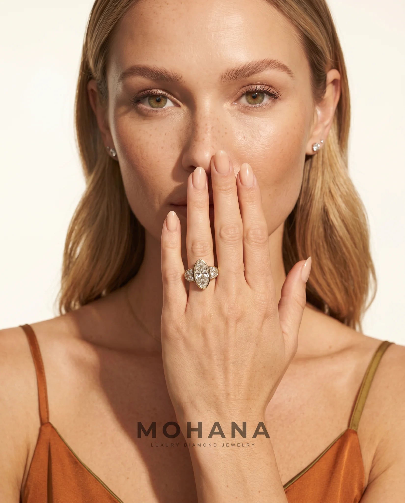 Ready to Ship 3.5 Carat Colorless Elongated Oval Three-Stone Half-Moon Yellow Gold Diamond Ring — view 11