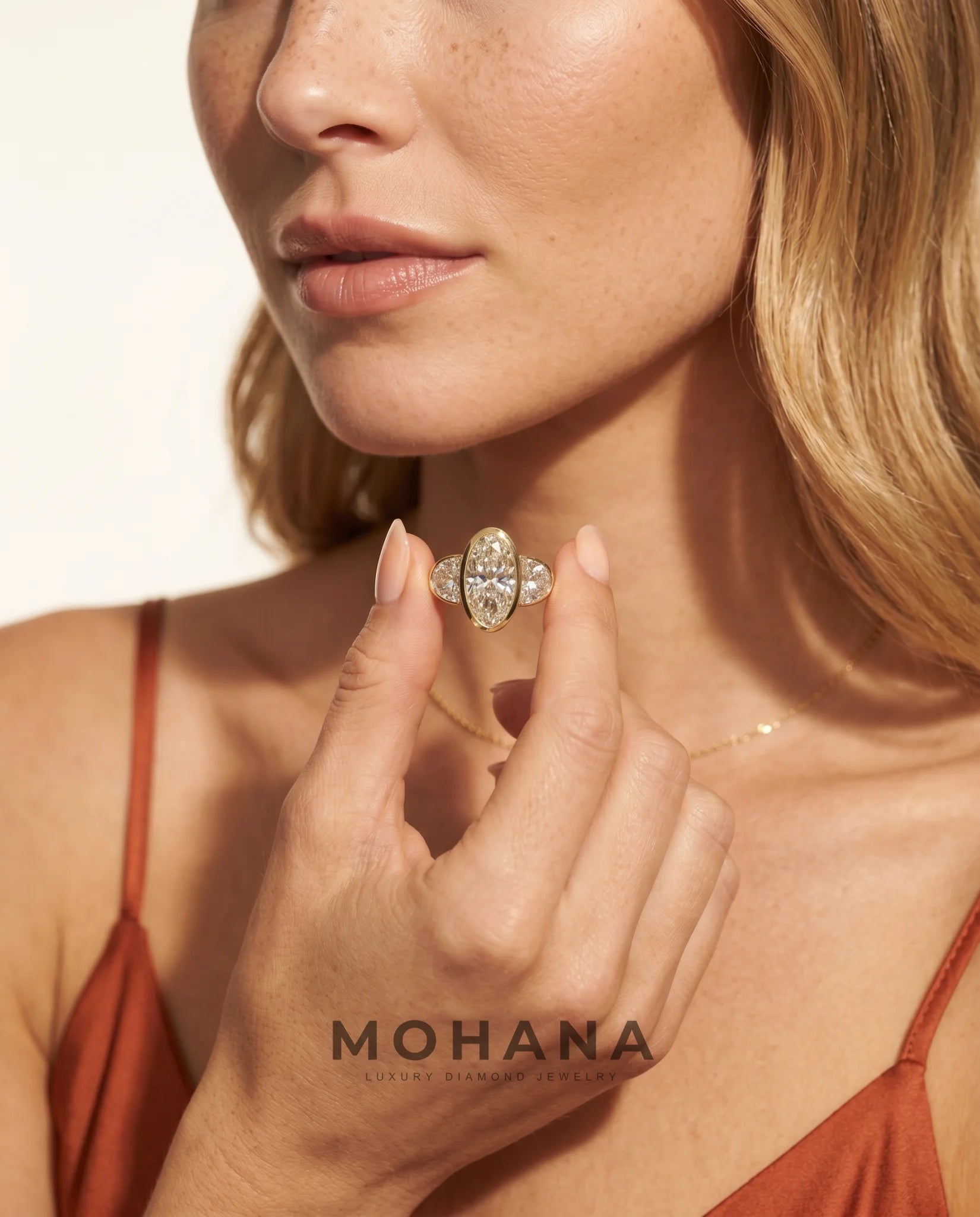 Ready to Ship 3.5 Carat Colorless Elongated Oval Three-Stone Half-Moon Yellow Gold Diamond Ring — view 8