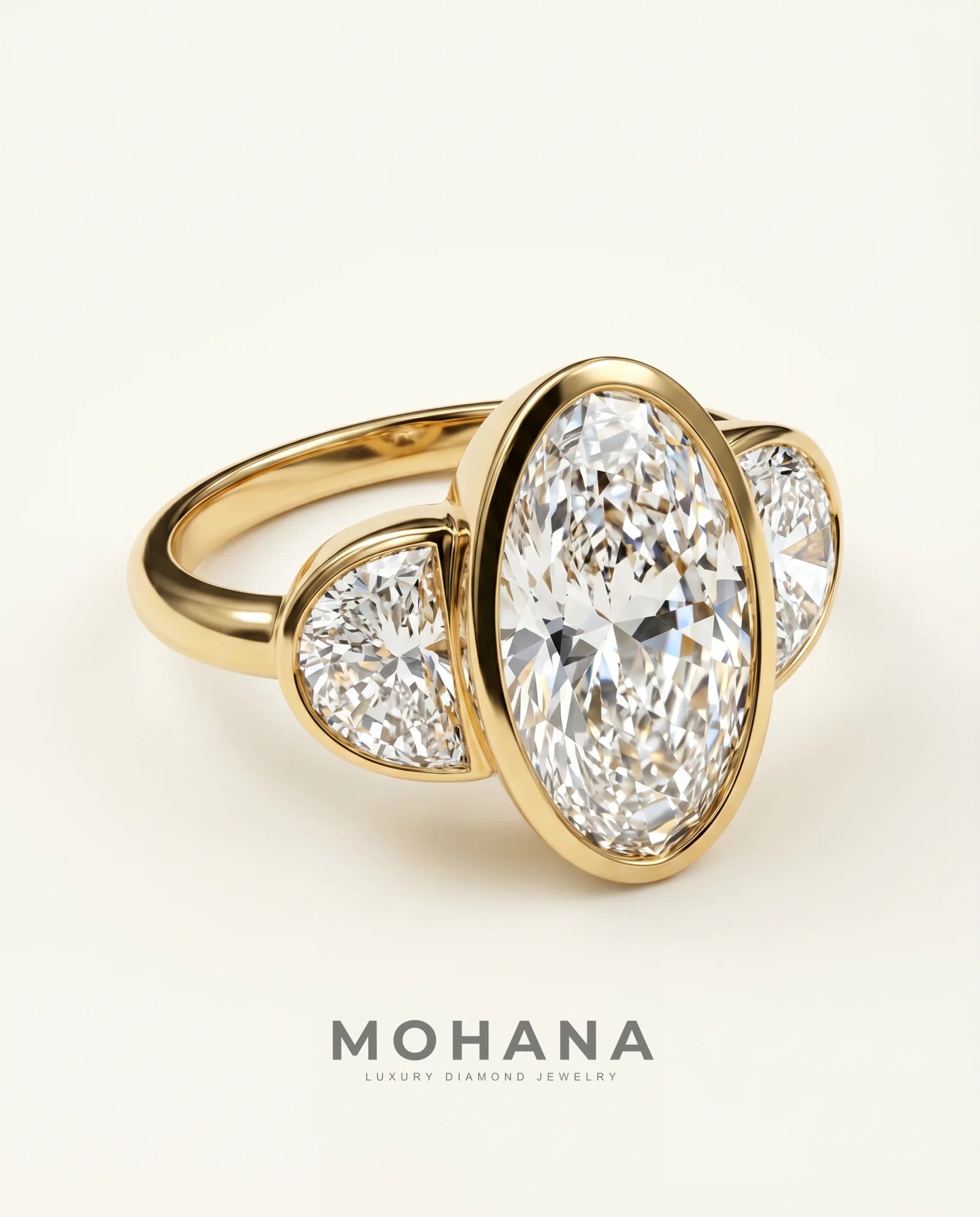 Ready to Ship 3.5 Carat Colorless Elongated Oval Three-Stone Half-Moon Yellow Gold Diamond Ring — view 4